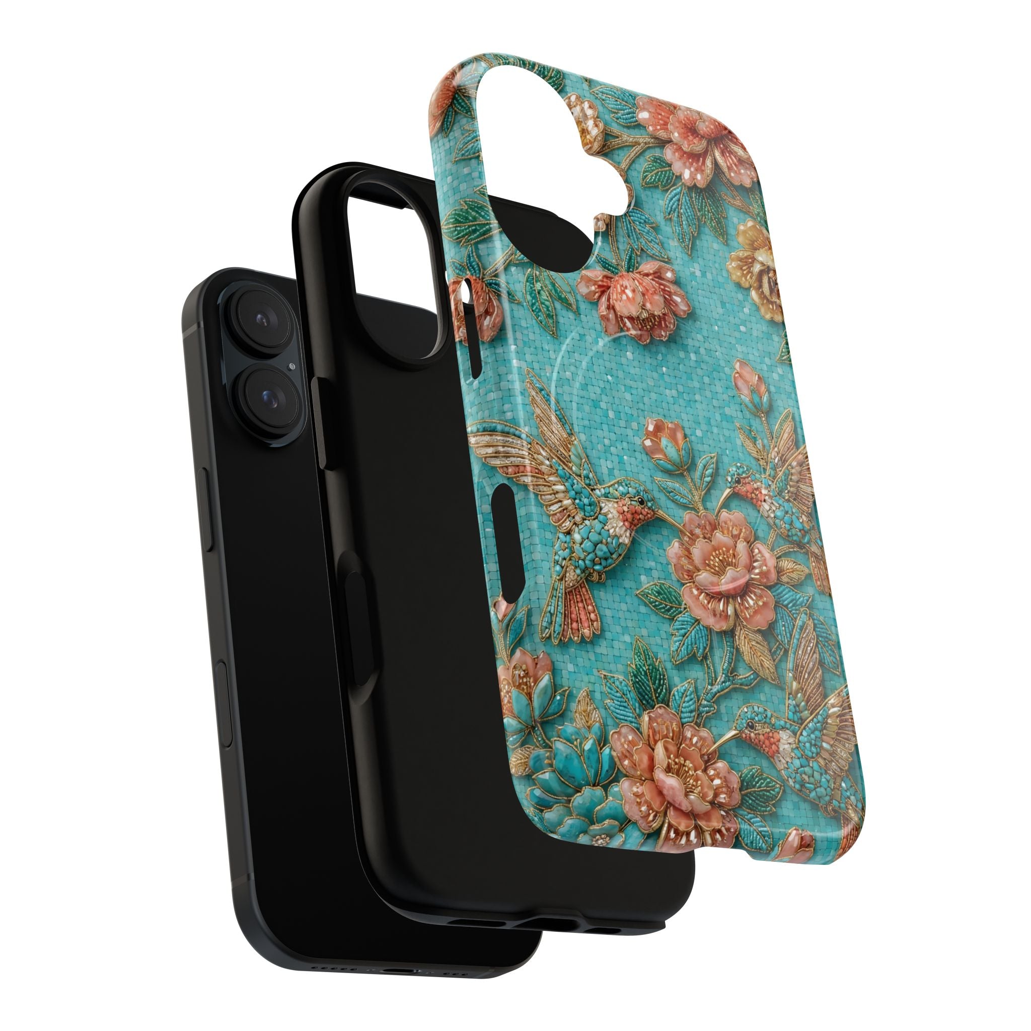 Floral Hummingbird Tough MagSafe iPhone Case | Turquoise Embroidered Garden Design