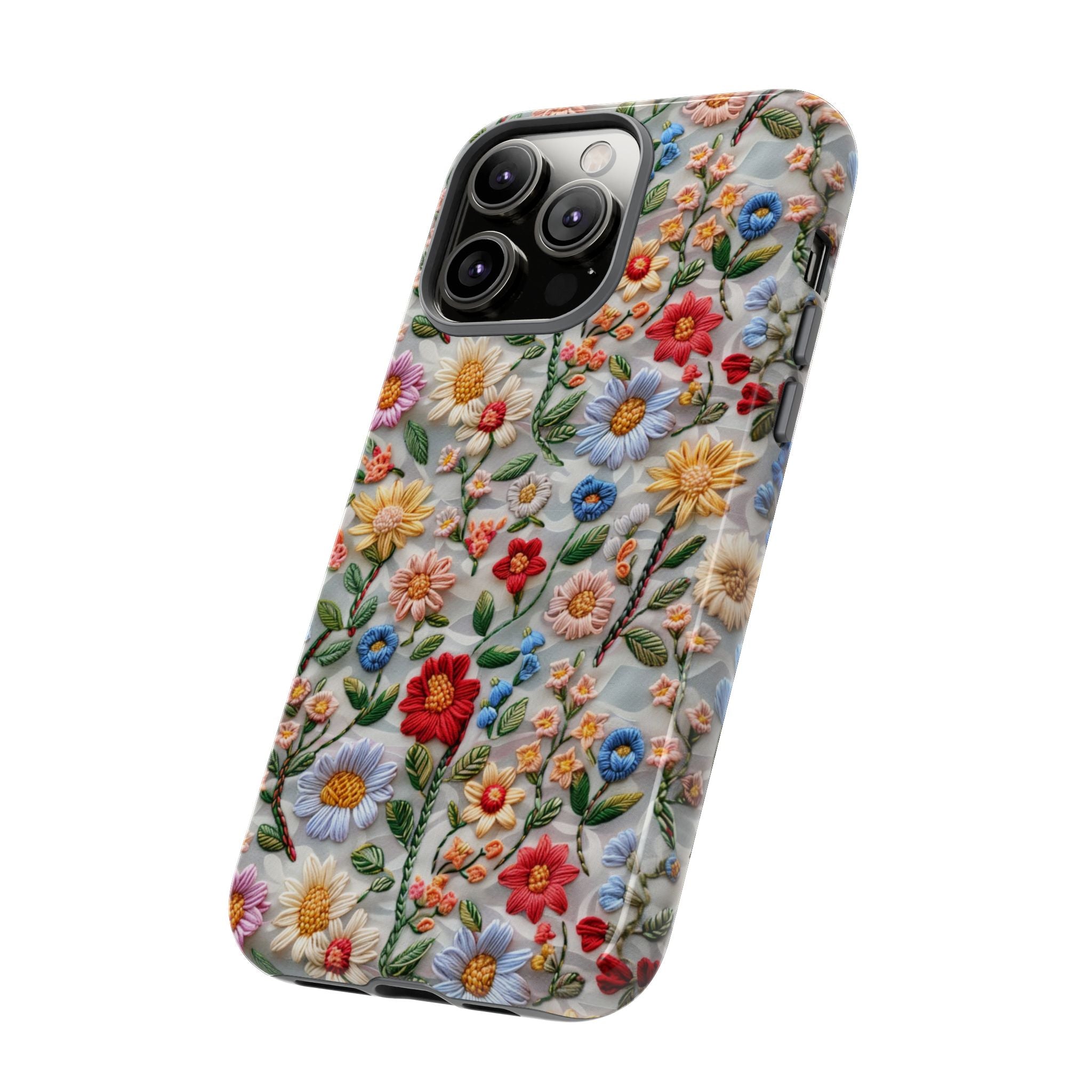 Floral Embroidered Pattern Tough iPhone Case — Colourful Daisy & Wildflower Design
