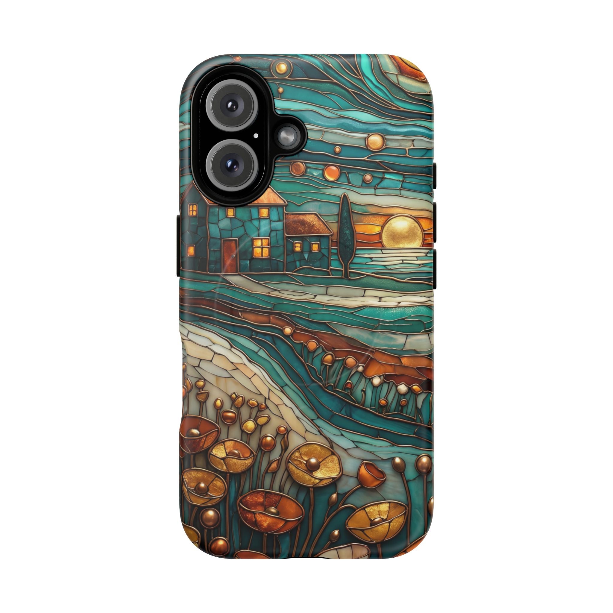 Custodia per telefono MagSafe resistente con paesaggio rustico al tramonto | Custodia protettiva artistica color verde acqua e rame