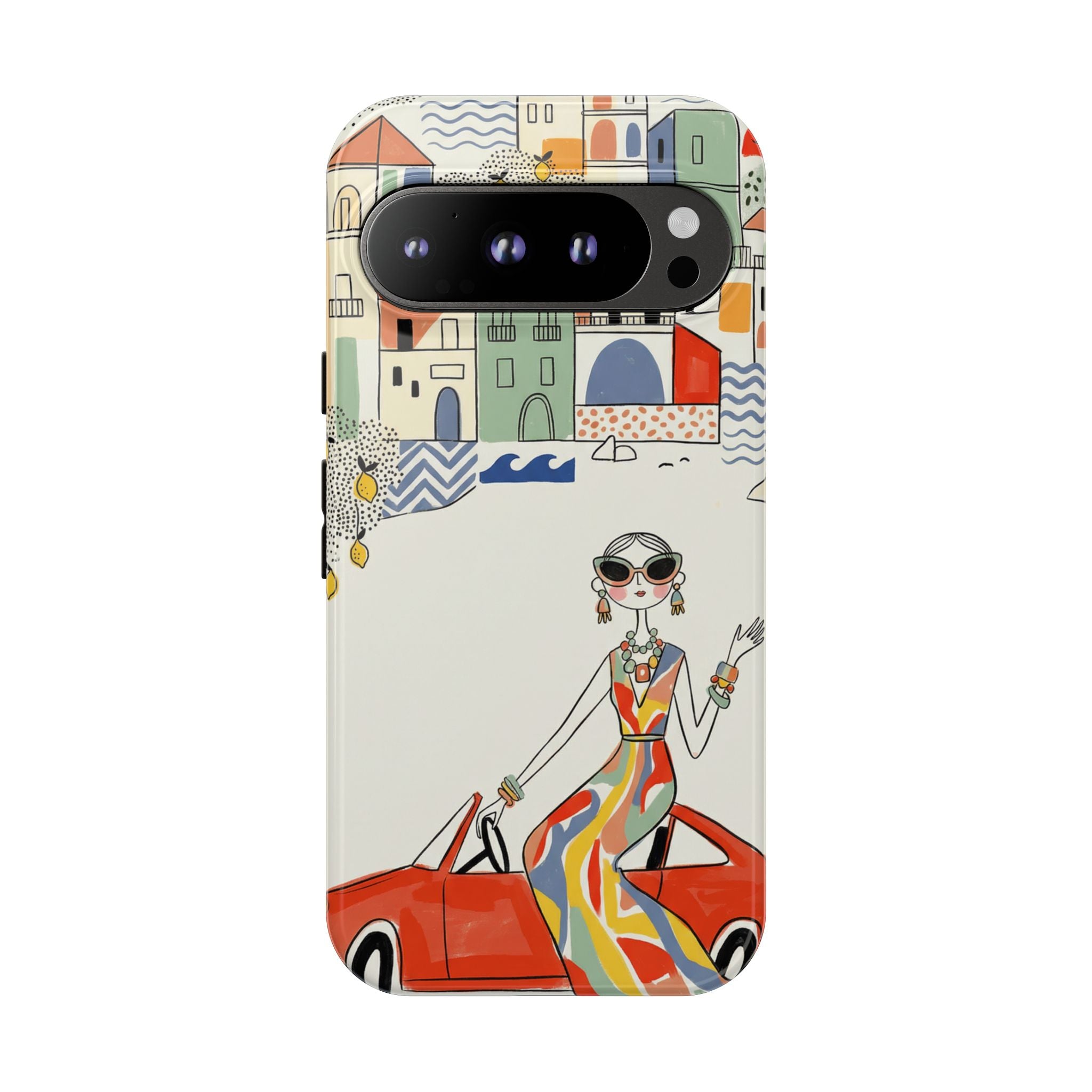 Stylish Riviera Google Pixel Phone Case | Chic Retro Woman in Convertible Design