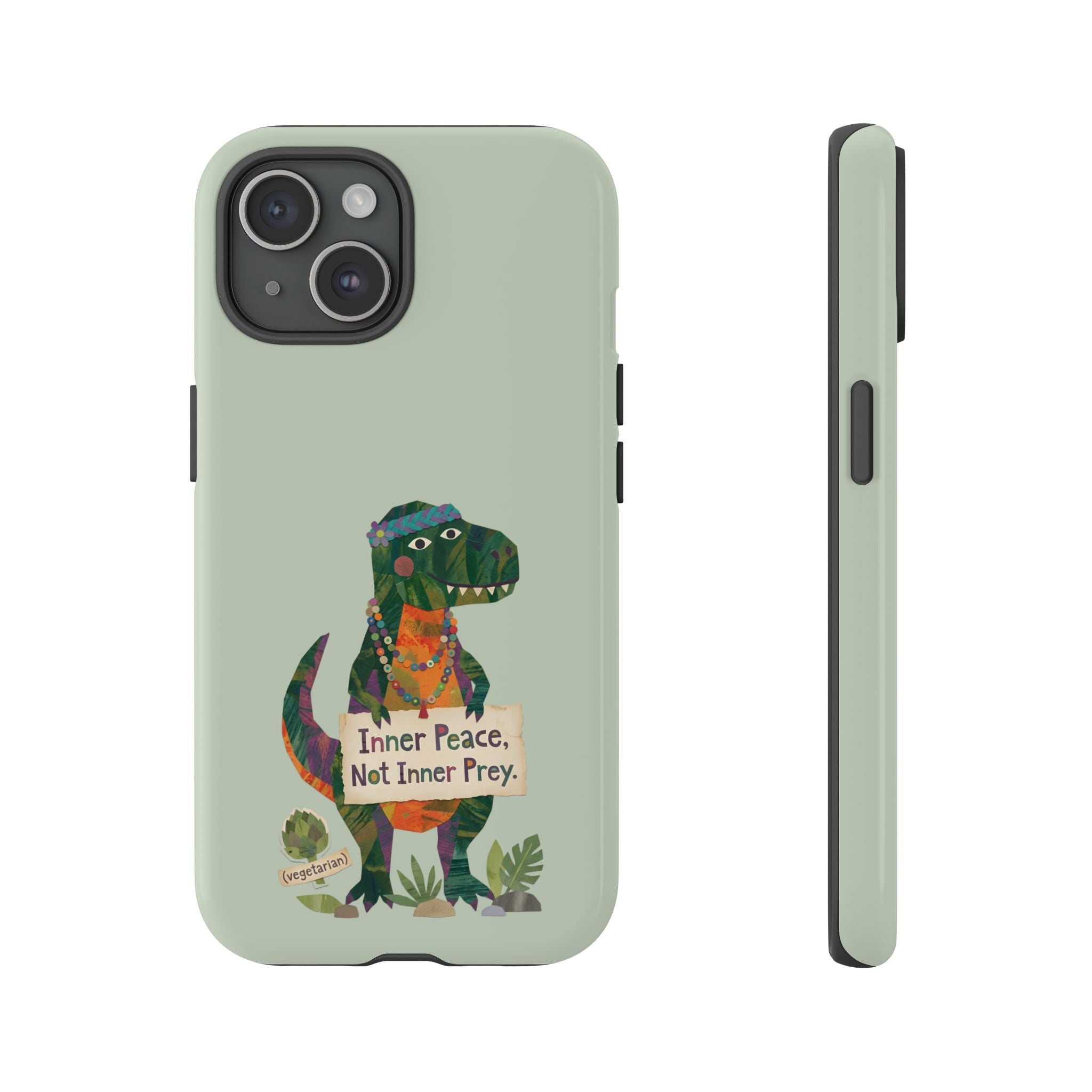 Funny T Rex Tough iPhone Case | Sage Green Inner Peace Dinosaur Cover