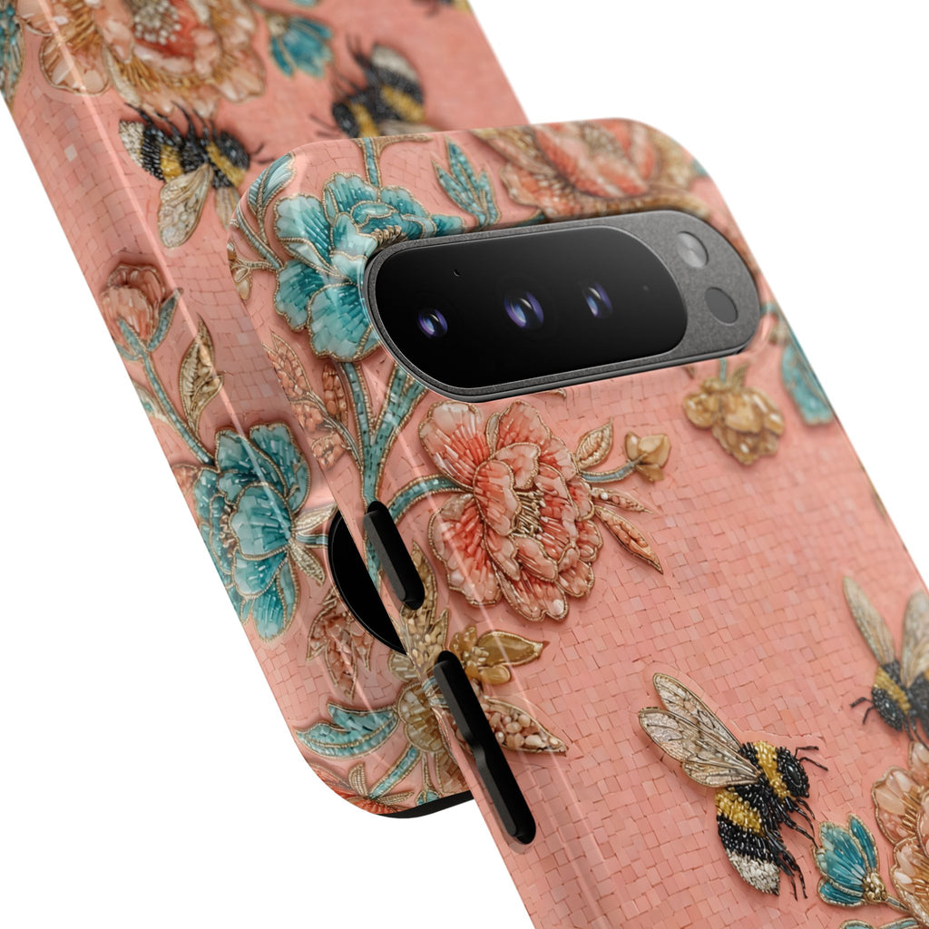 Custodia per telefono Google Pixel "Floral Bee Tough" | Cover protettiva vintage rosa floreale