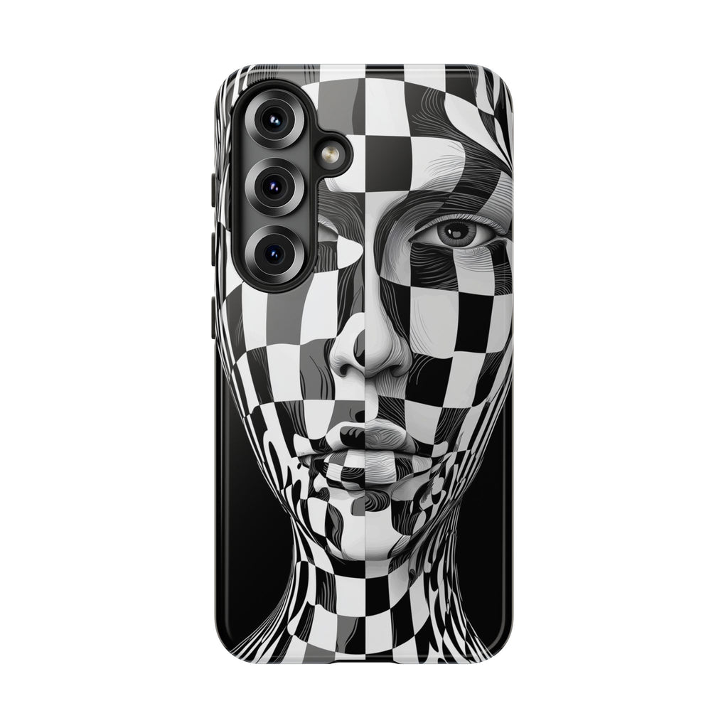 Checkerboard Face Tough Samsung Galaxy Case — Black & White Surreal Art Protective Cover