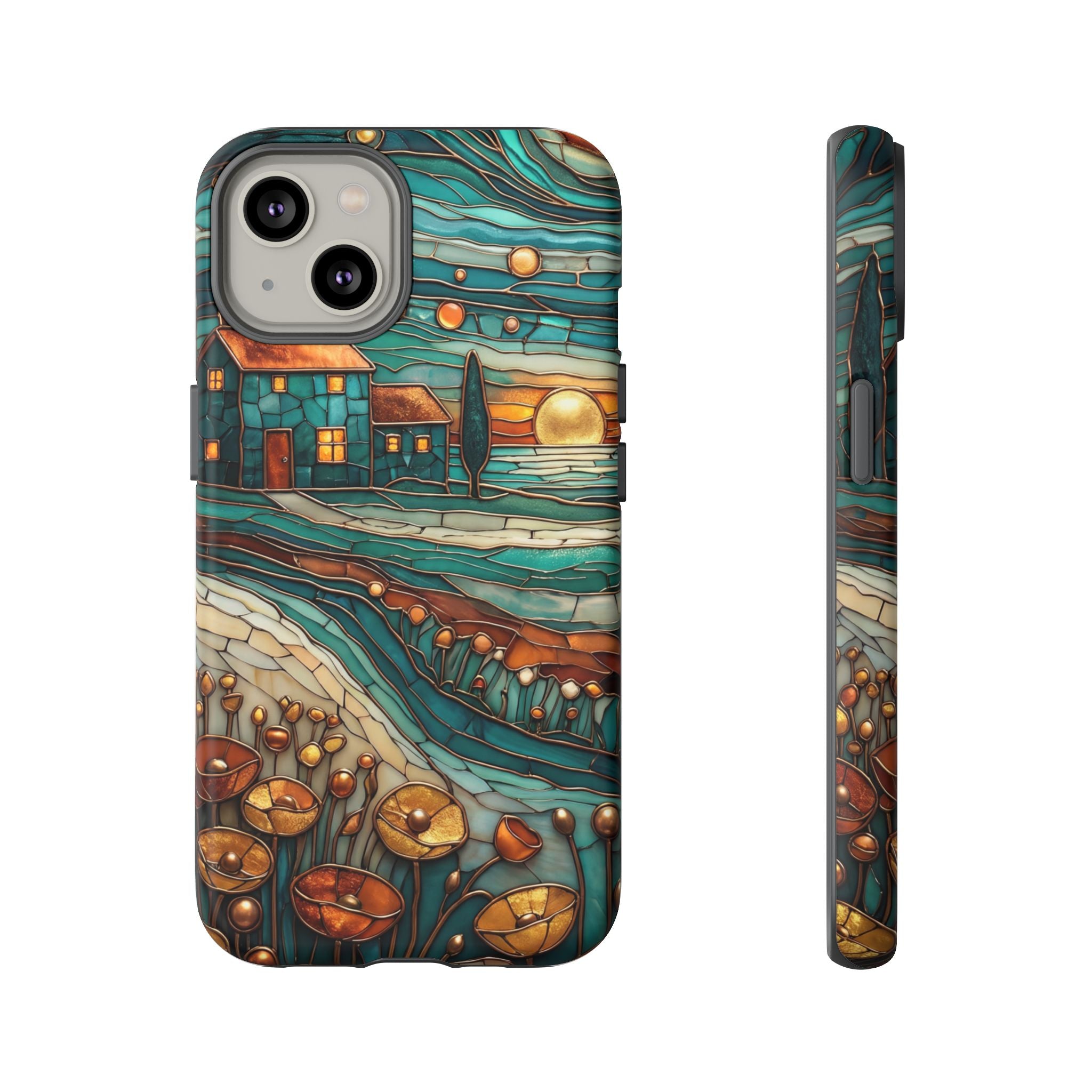 Artistic Sunset Cottage iPhone Case | Whimsical Floral Landscape Protective Cover