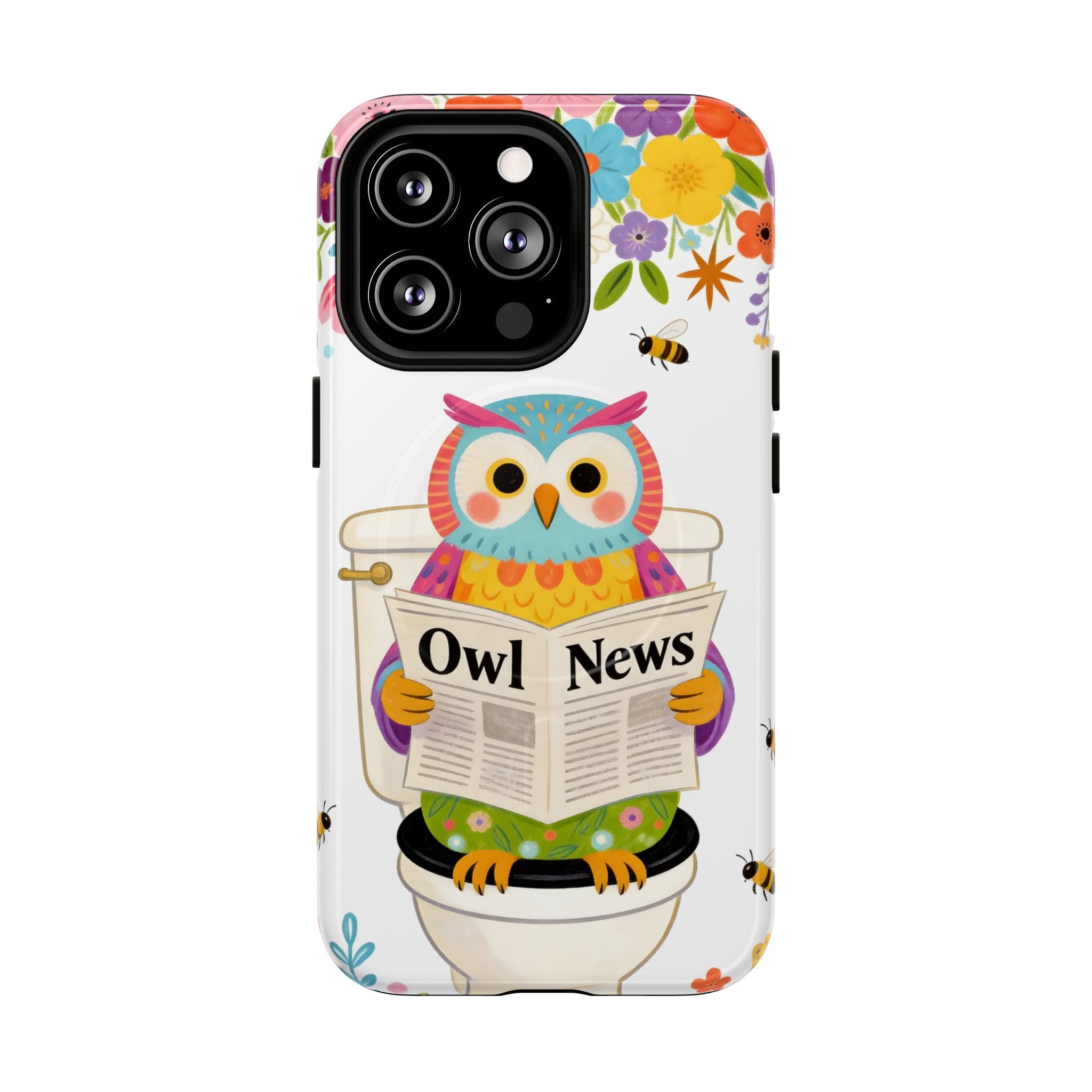 Owl News Floral MagSafe iPhone Case | Cute Owl Reading Newspaper on Toilet