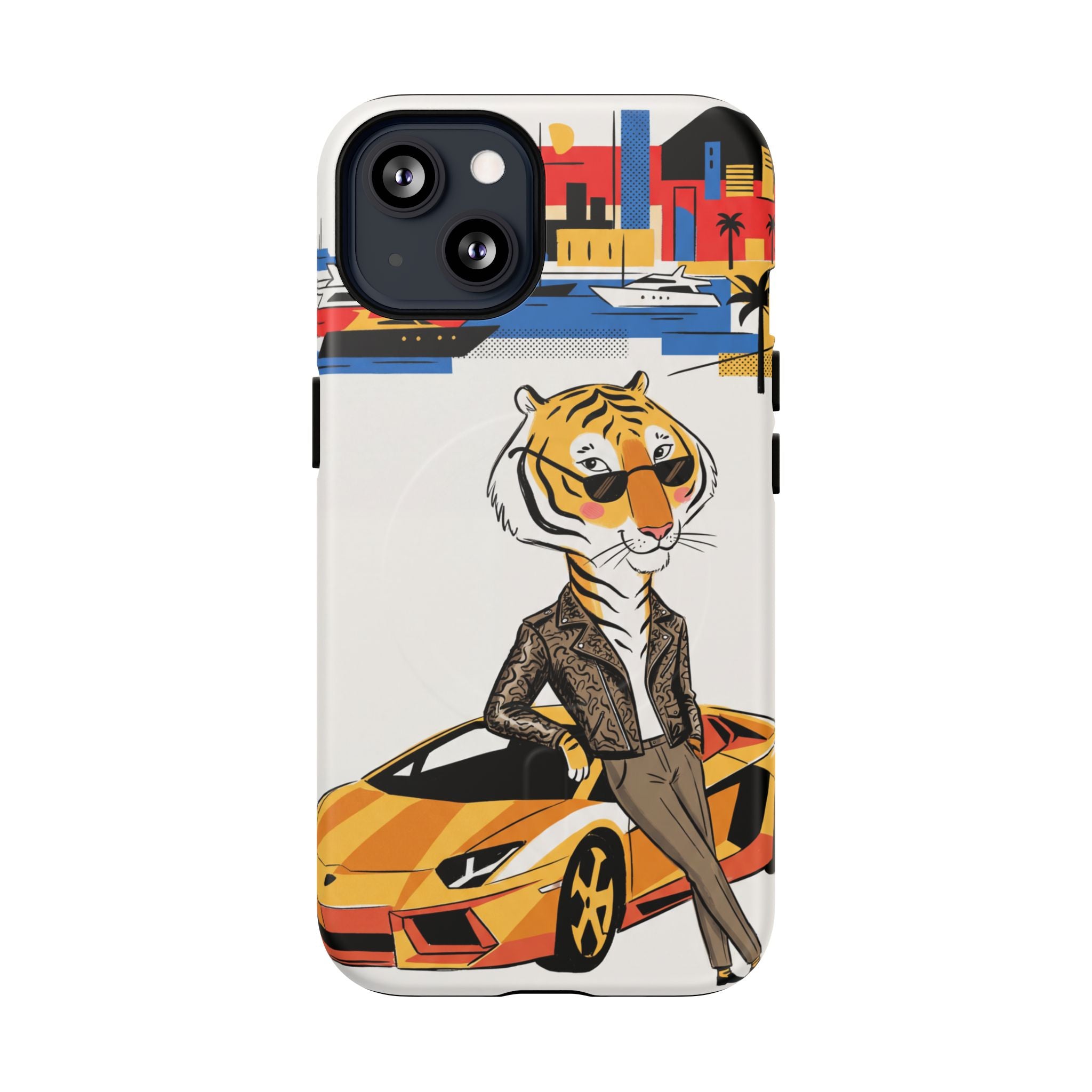 Stylish Tiger with Sports Car Illustration MagSafe iPhone Case