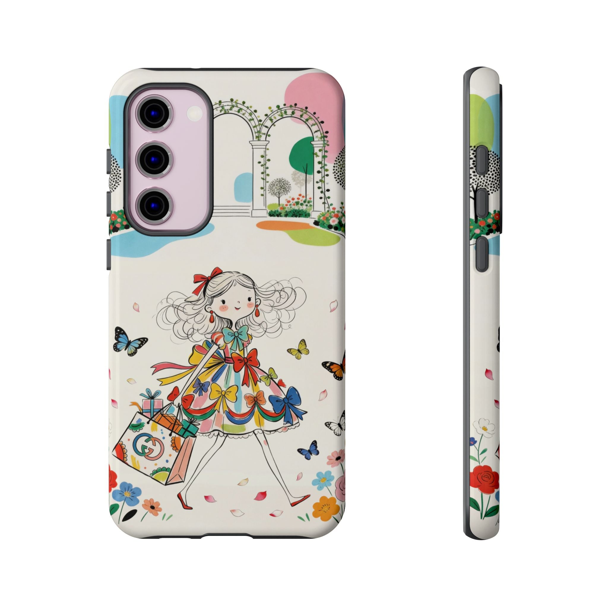 Whimsical Shopping Girl Samsung Galaxy Phone Case | Cute Floral Butterfly Tough Case