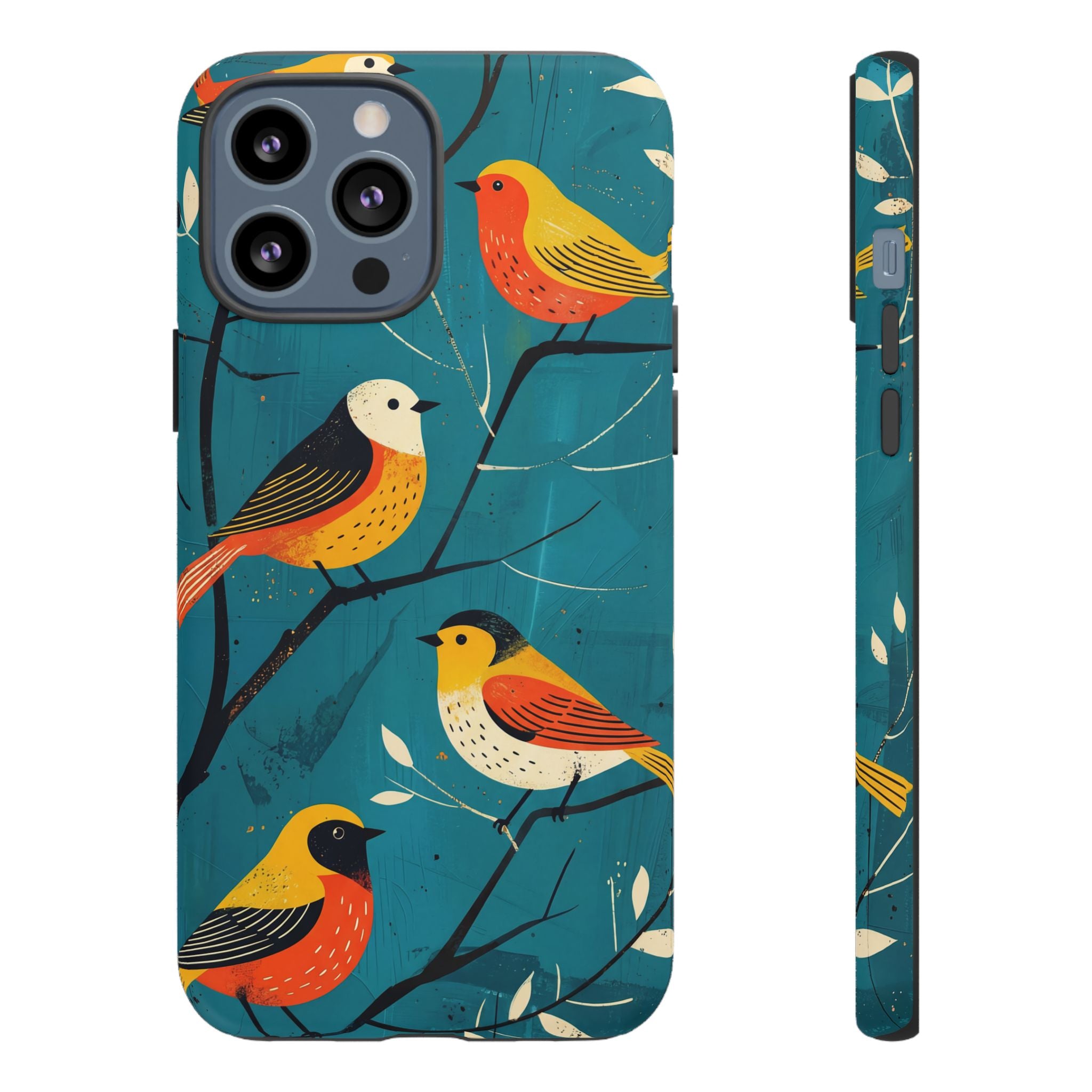 Bird Pattern Tough iPhone Case | Colourful Songbirds on Teal Background