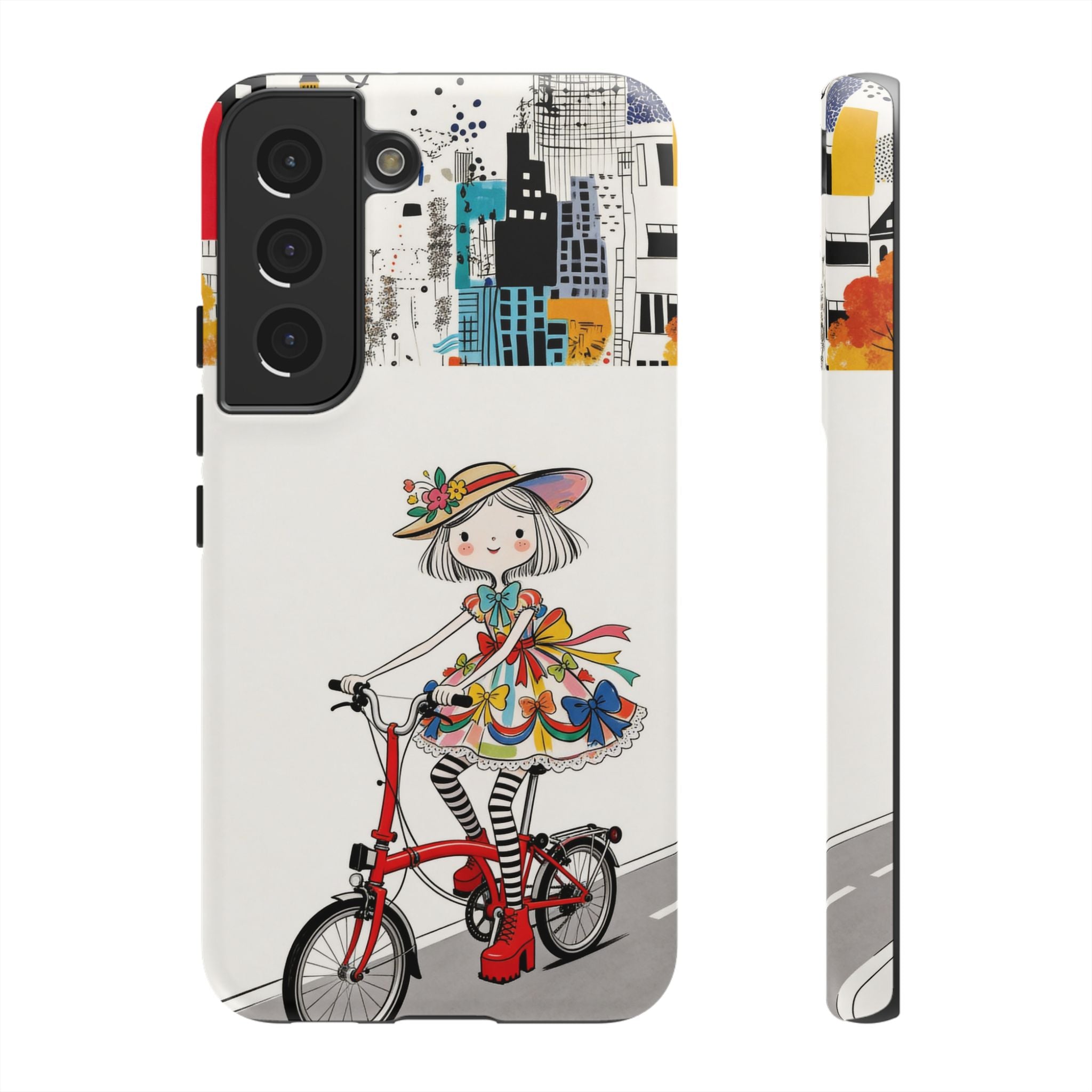 Whimsical Girl on Brompton Bicycle Urban Illustration Samsung Galaxy Phone Case