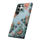 Cover per Samsung Galaxy in robusto materiale, fantasia colibrì e fiori | Design vintage giardino blu