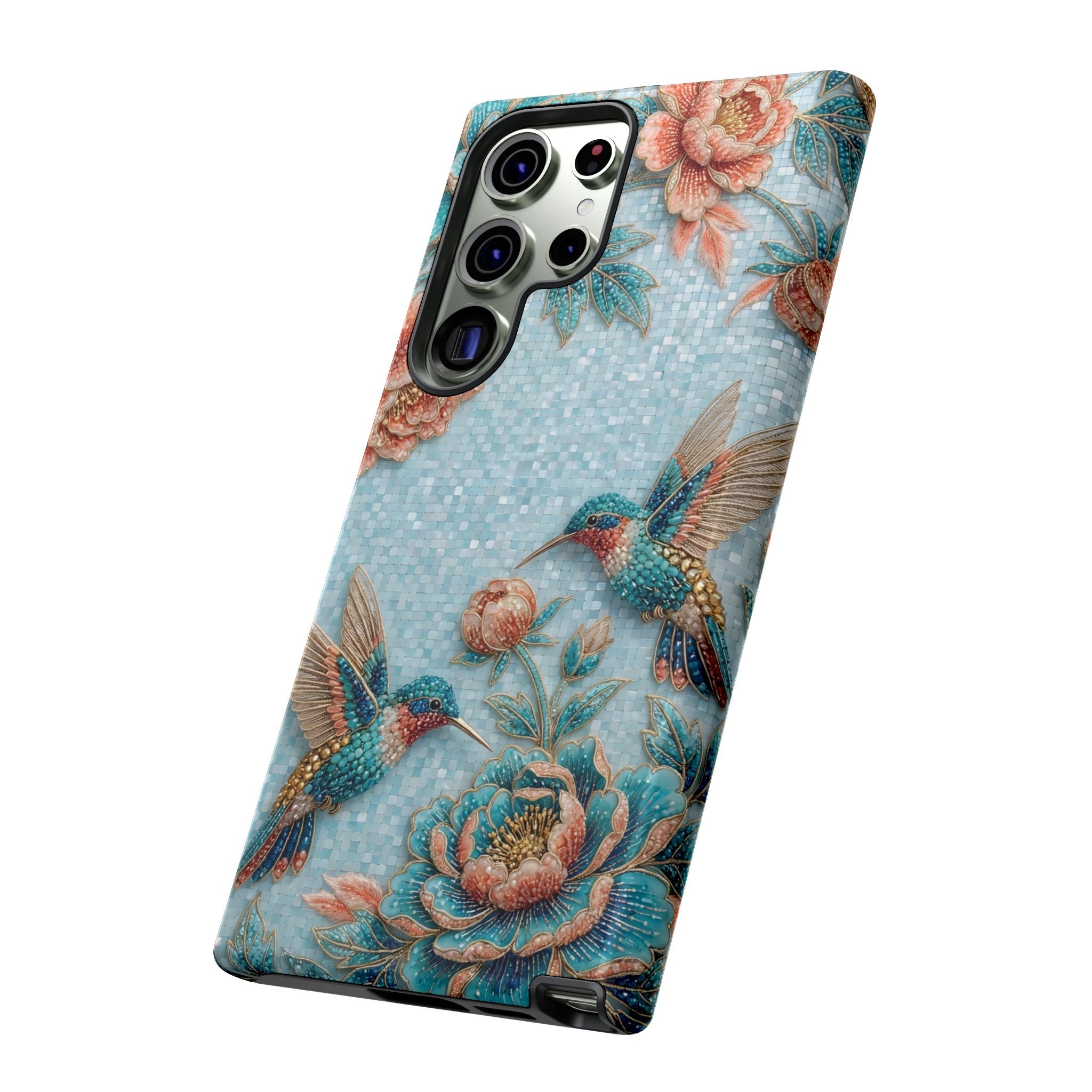 Cover per Samsung Galaxy in robusto materiale, fantasia colibrì e fiori | Design vintage giardino blu
