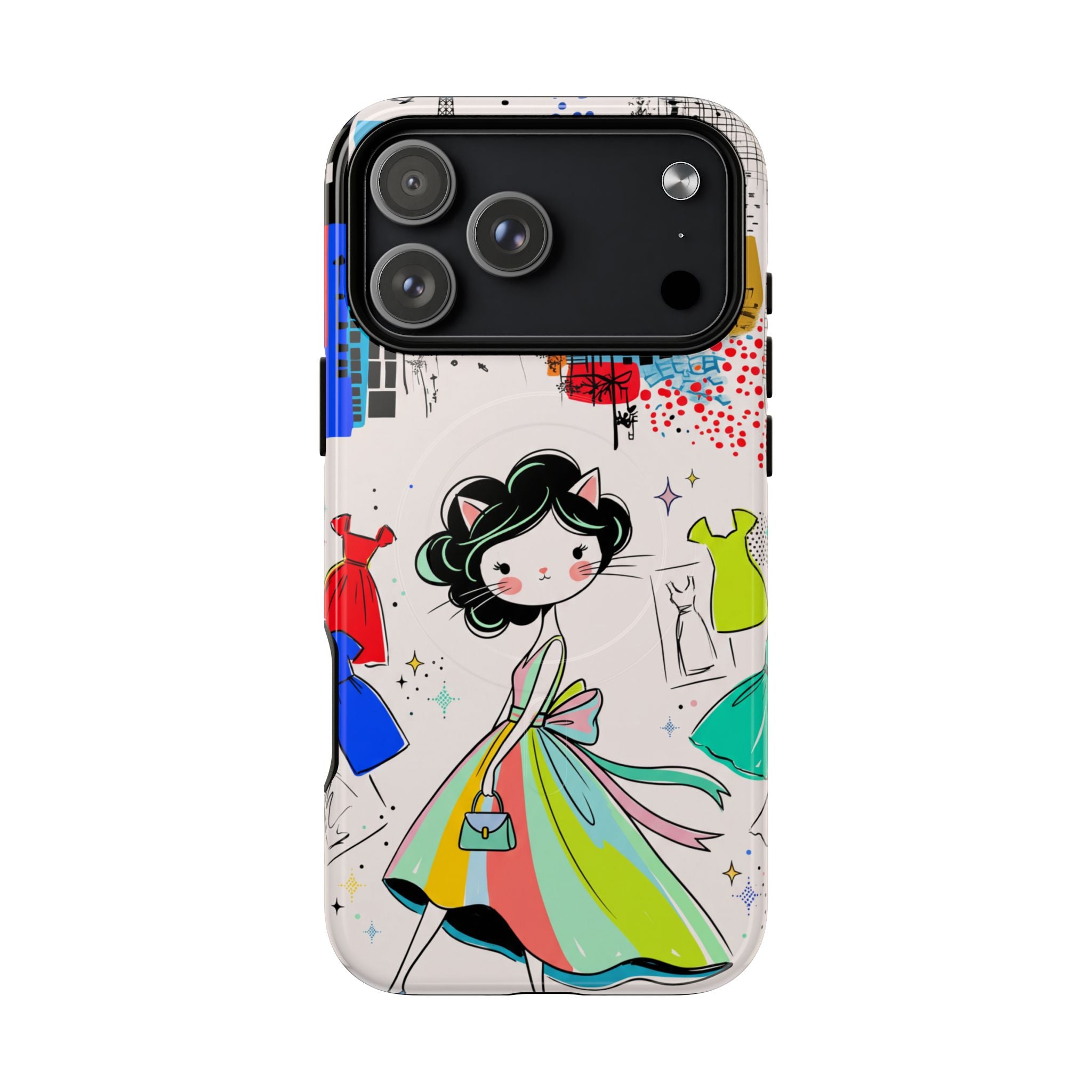 Retro Fashion Cat Girl MagSafe iPhone Case | Cute Dress & City Print