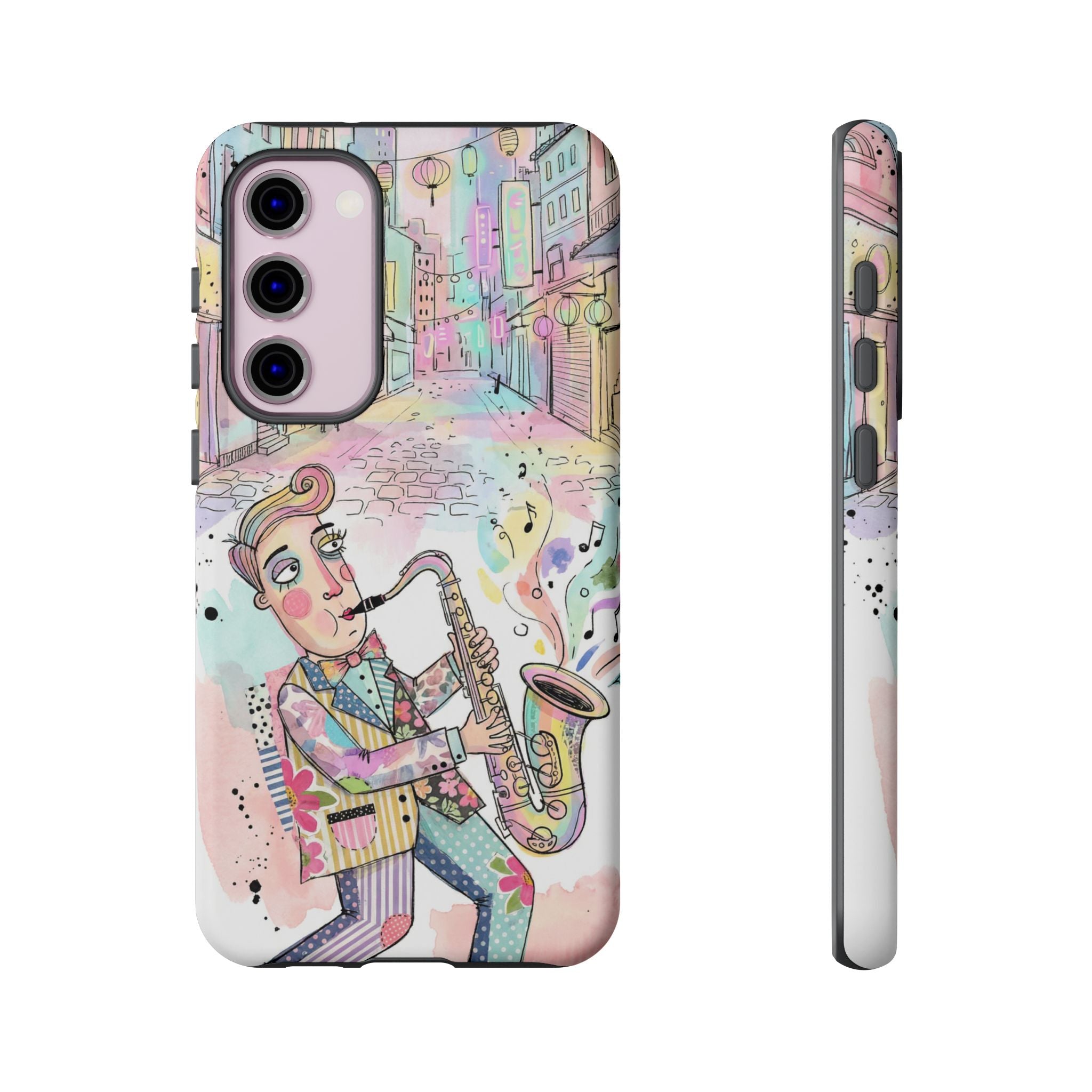 Sax Player Art Samsung Galaxy Phone Case | Pastel Jazz Street Illustration