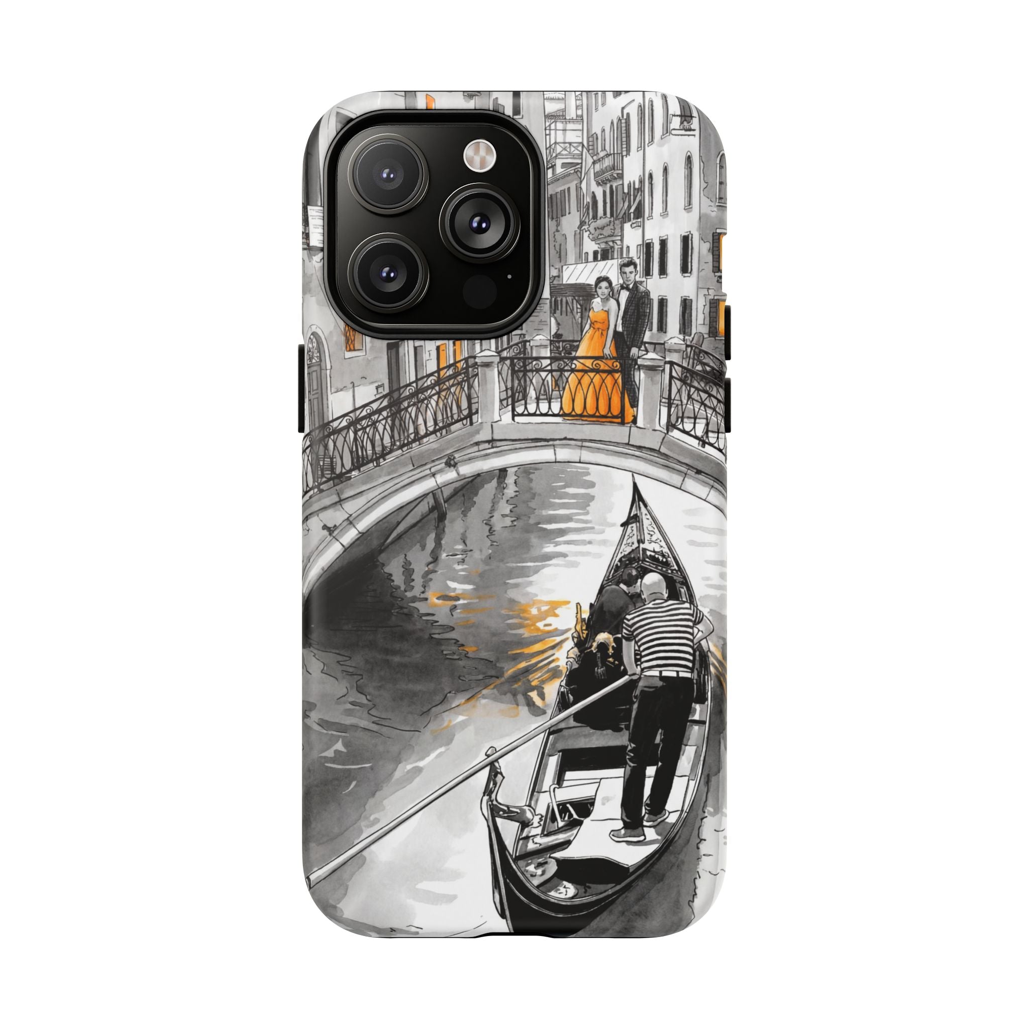 Custodia per iPhone Gondola di Venezia | Custodia MagSafe resistente con motivo schizzo in bianco e nero e dettagli dorati