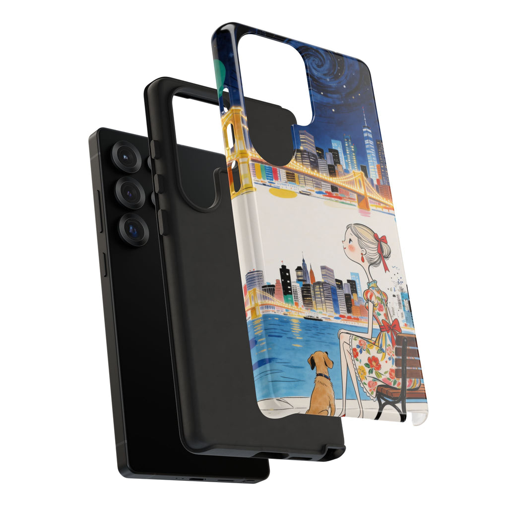 City Night Samsung Galaxy Phone Case | Cute Girl & Dog Bench Illustration
