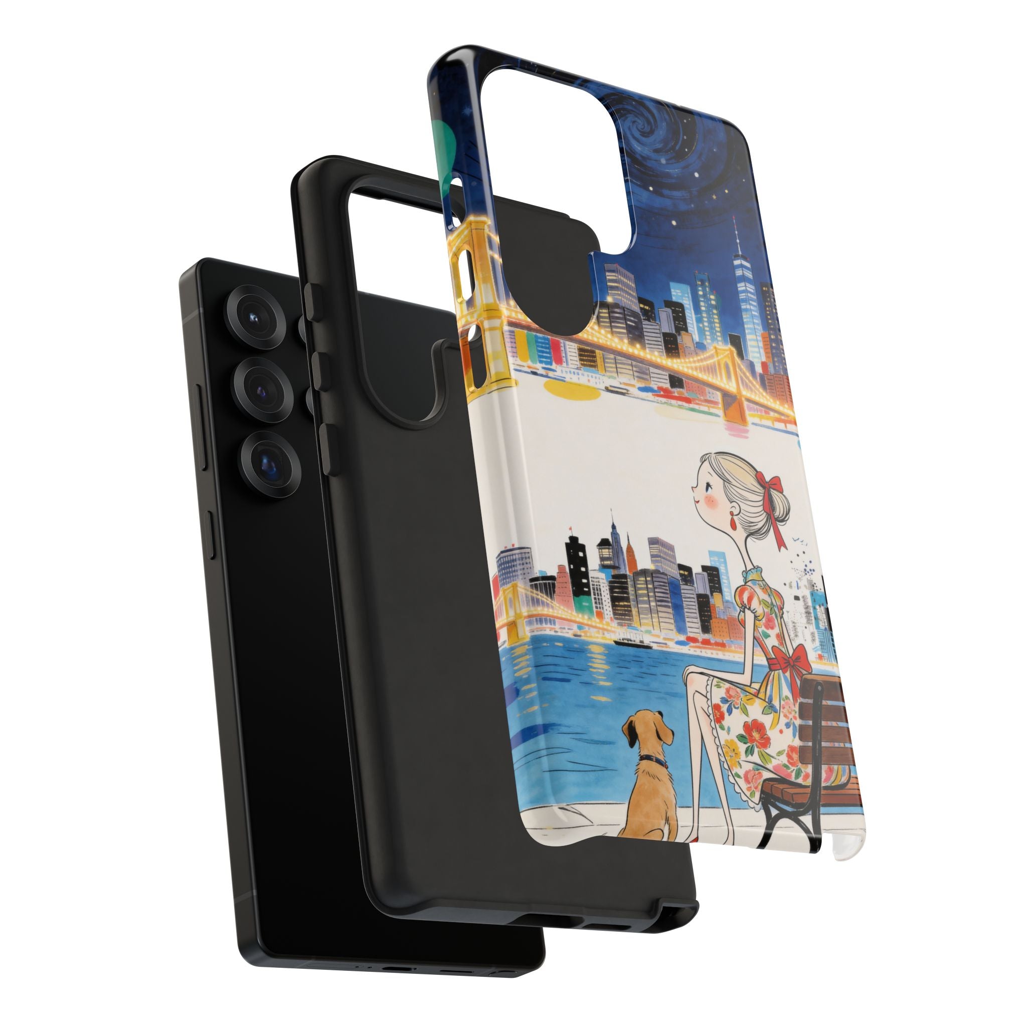 City Night Samsung Galaxy Phone Case | Cute Girl & Dog Bench Illustration