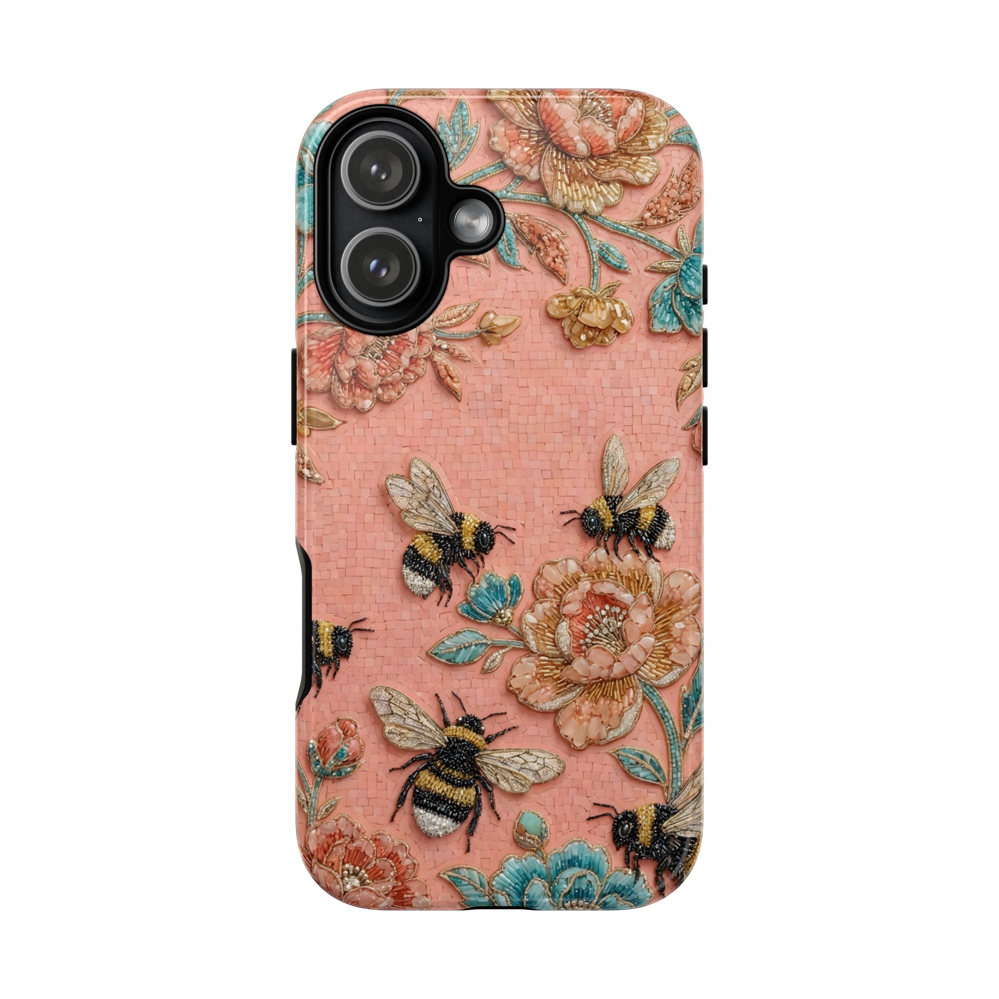 Floral Bee Tough iPhone Case | Vintage Pink Garden Protective Cover