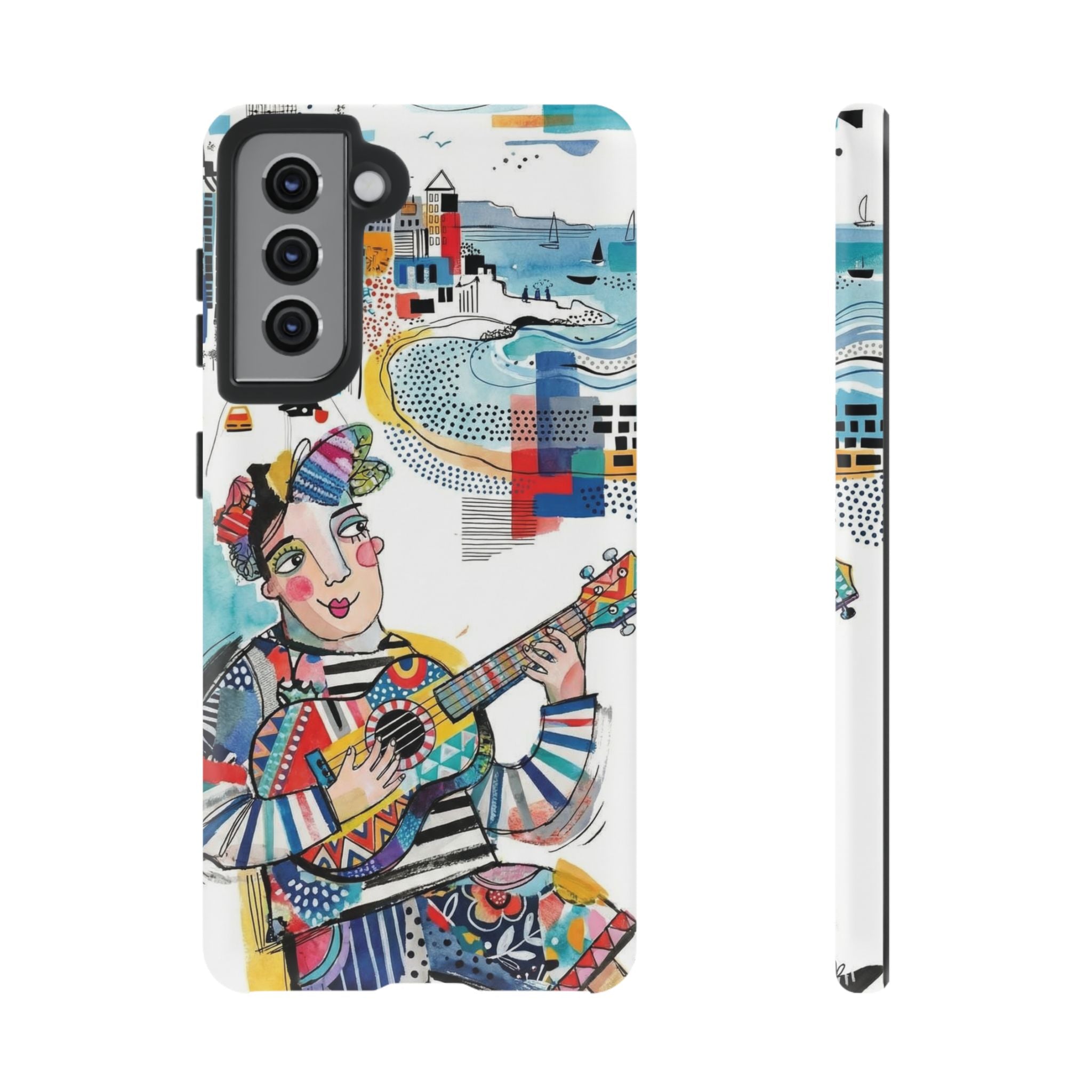 Custodia per Samsung Galaxy per Musicisti Artistici | Custodia Resistente con Chitarra Colorata e Paesaggio Urbano