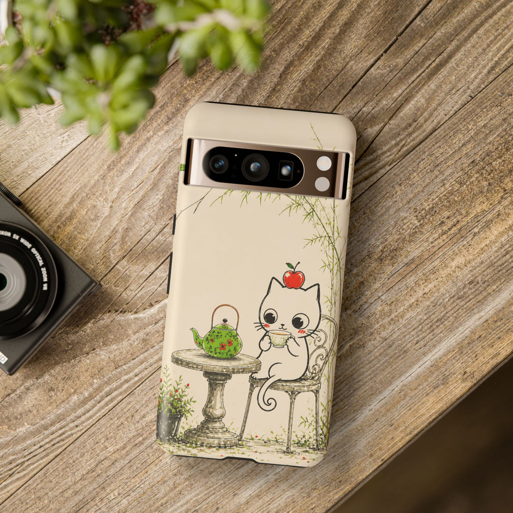 Cute Cat Tea Time Google Pixel Phone Case | Kawaii Kitten with Apple Design