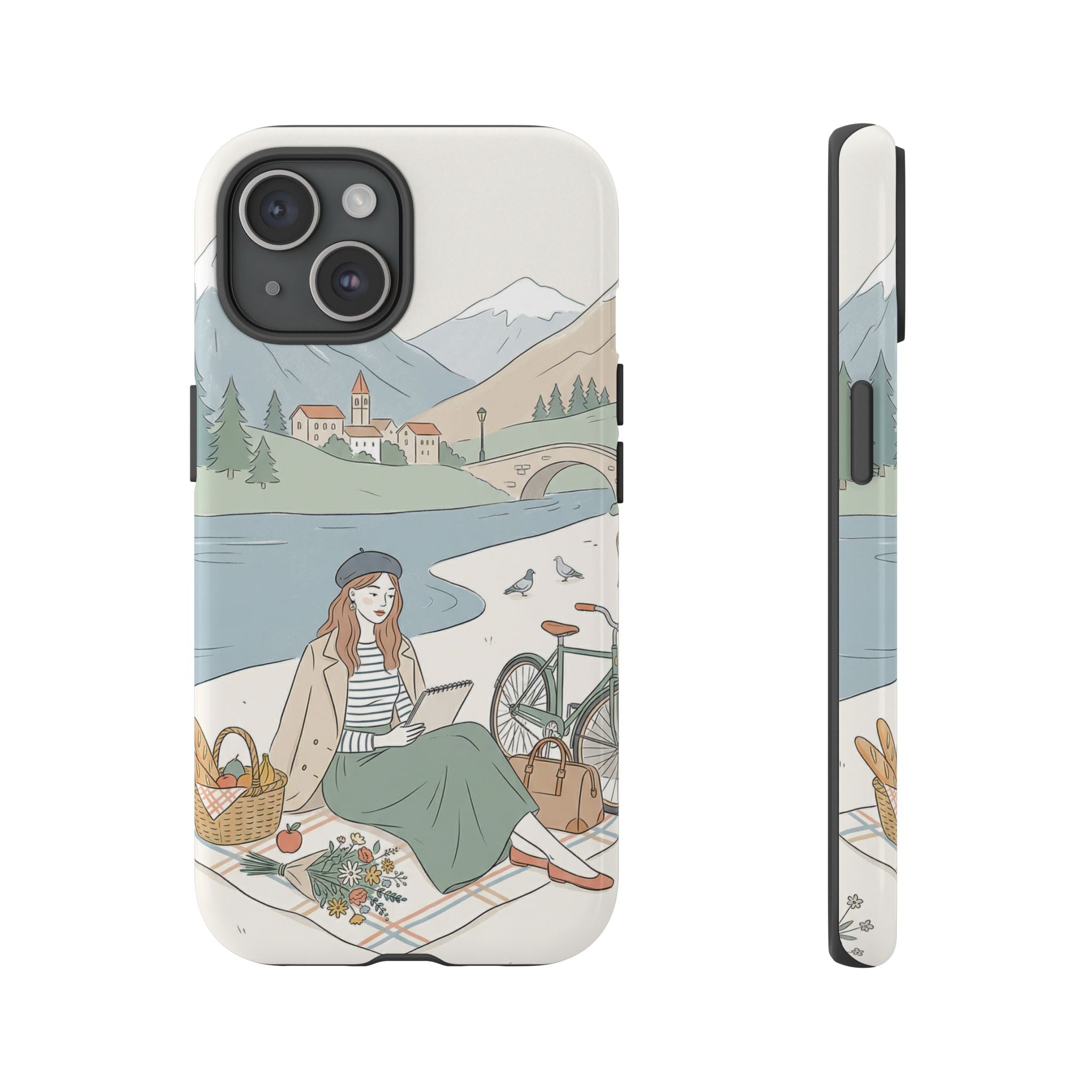 Scenic Picnic iPhone Case | Vintage Bicycle & Mountain Illustration