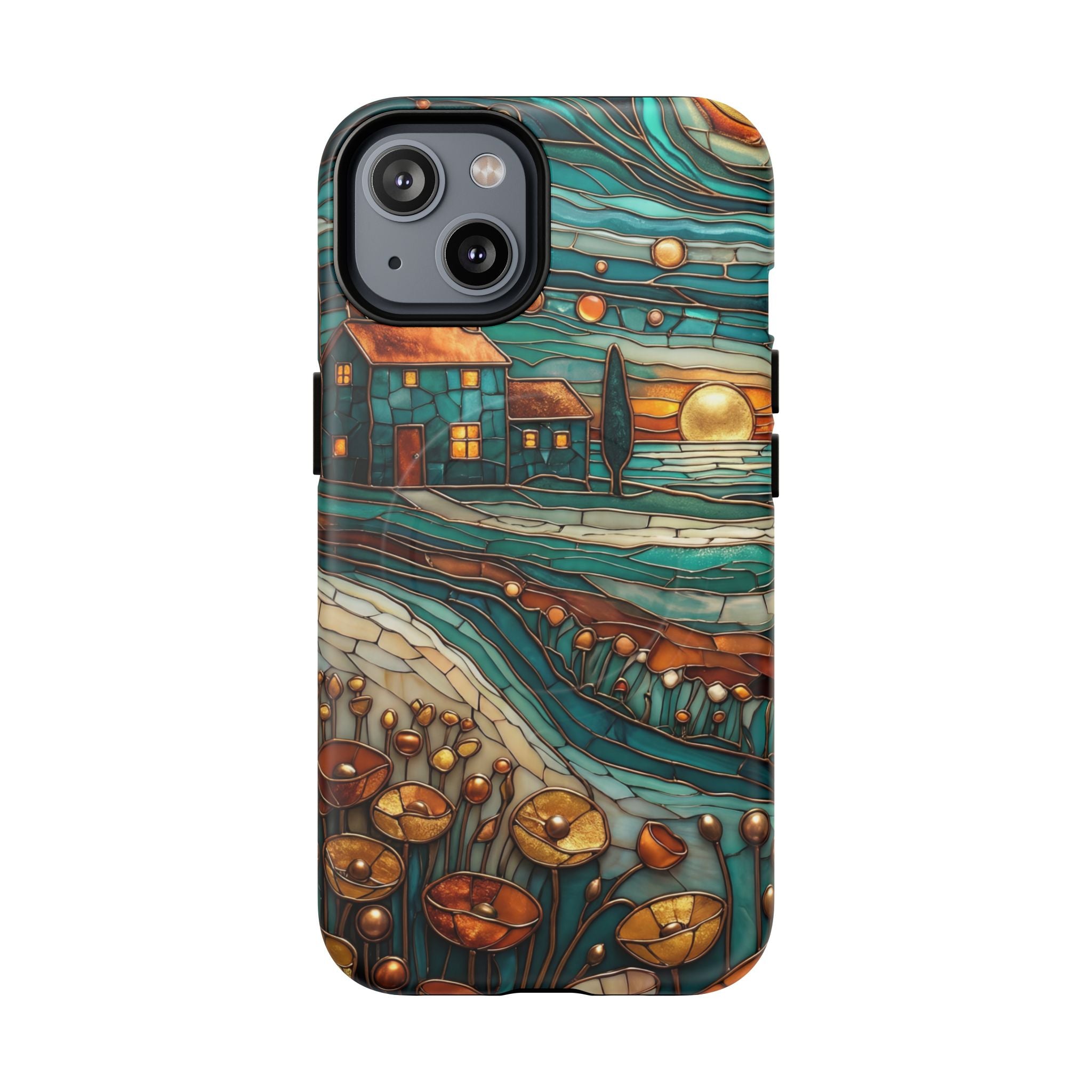 Custodia per telefono MagSafe resistente con paesaggio rustico al tramonto | Custodia protettiva artistica color verde acqua e rame