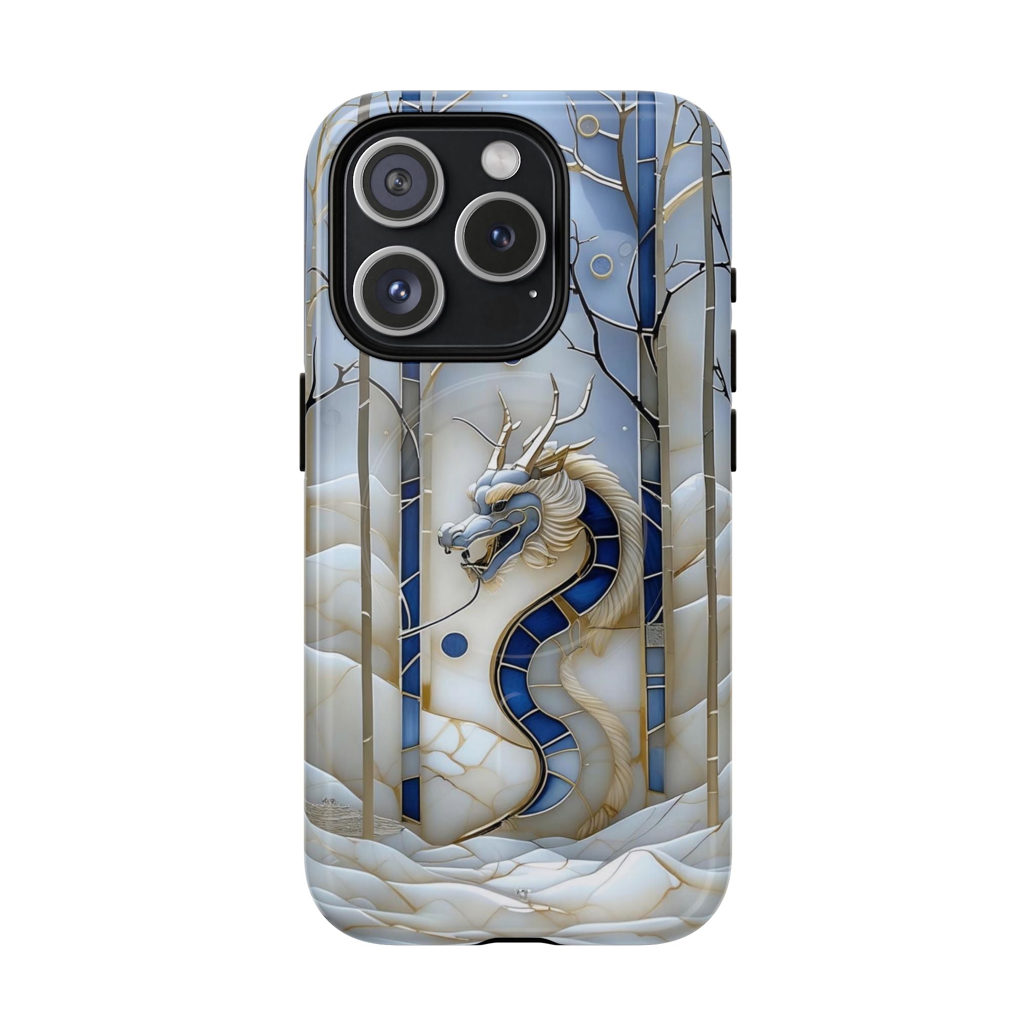 Dragon Stained Glass Tough MagSafe Phone Case — Blue & Ivory Medieval Art