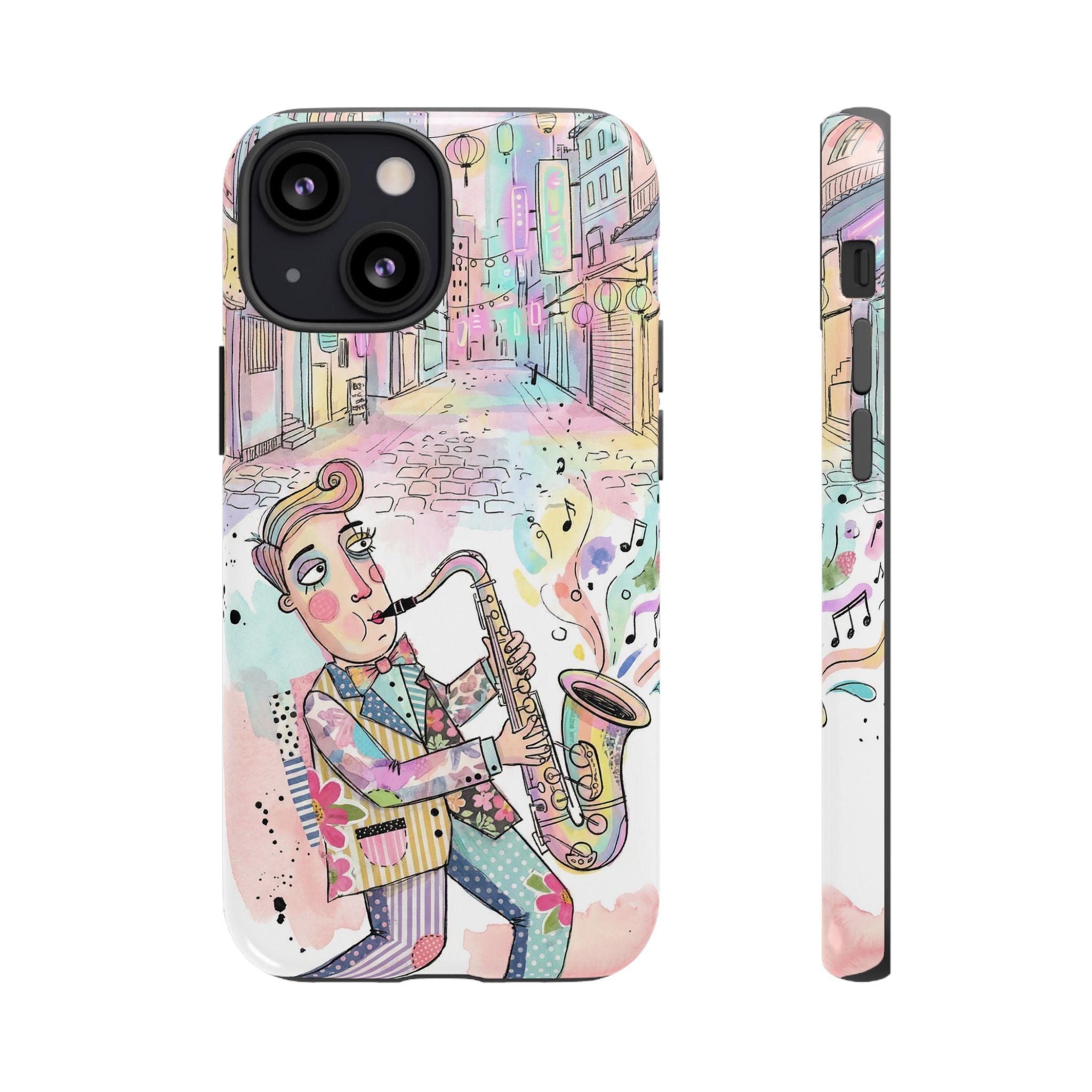 Sax Player Art iPhone Case | Pastel Jazz Street Illustration
