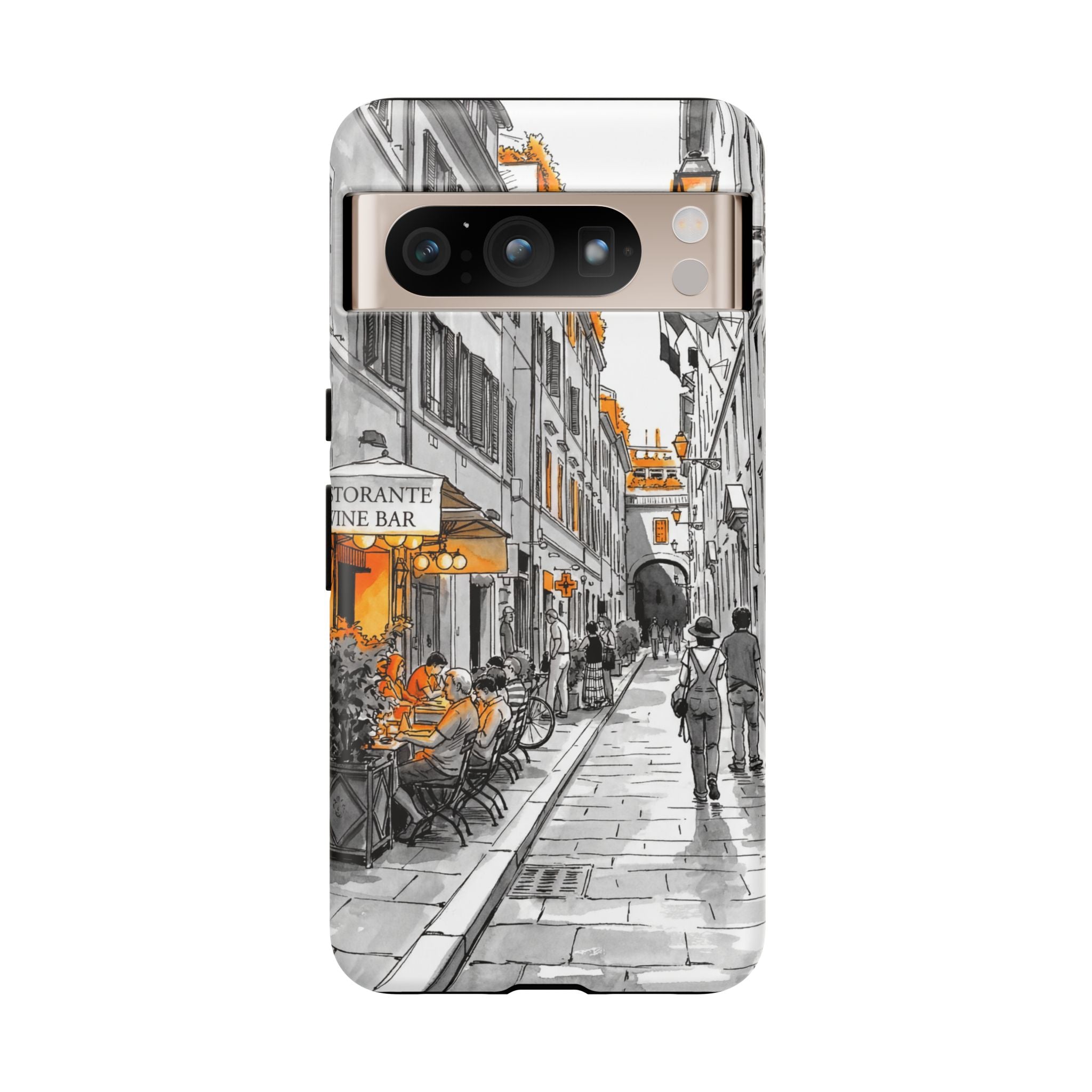 Italy Street Phone Case | Vintage Italian Cafe Sketch with Orange Accents