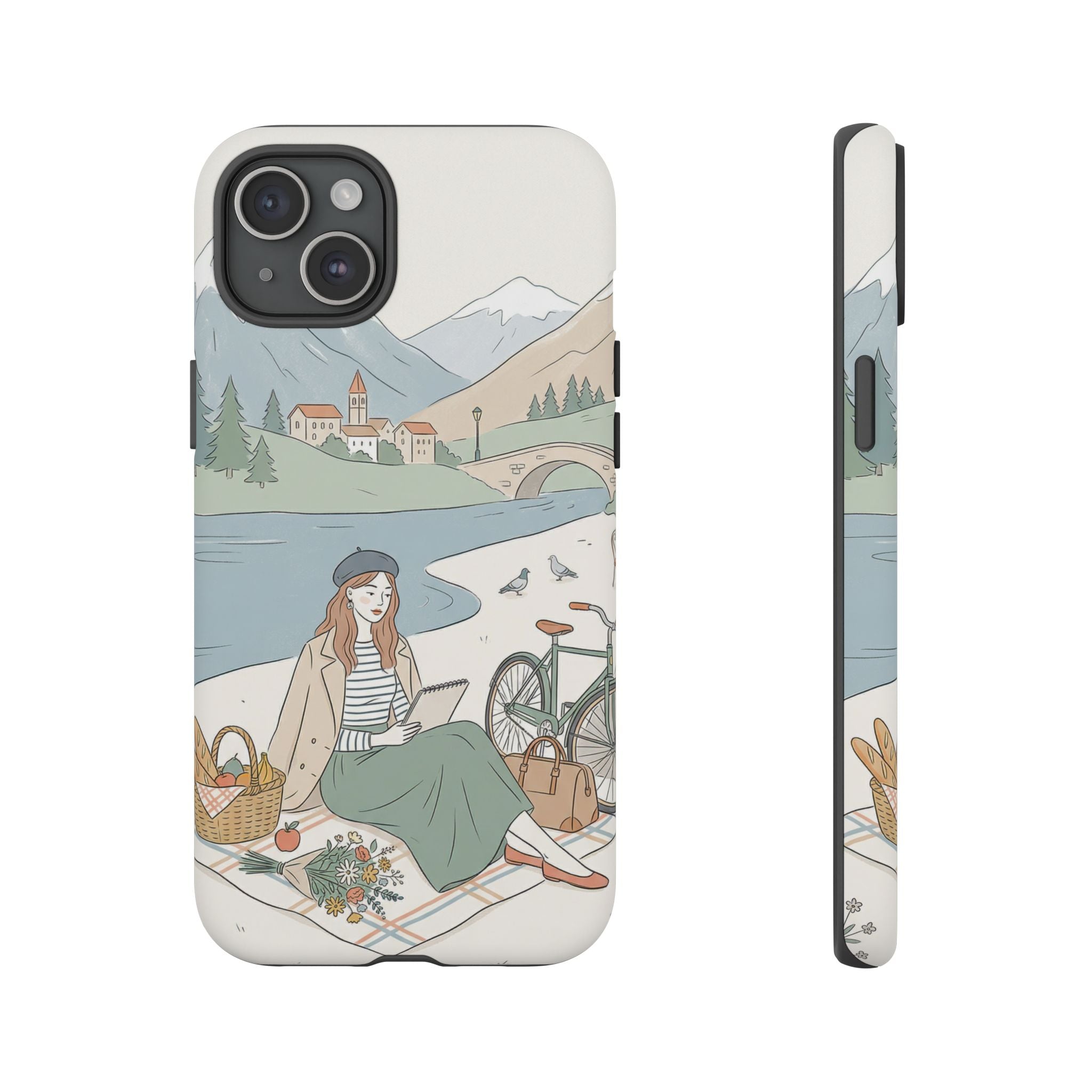 Scenic Picnic iPhone Case | Vintage Bicycle & Mountain Illustration