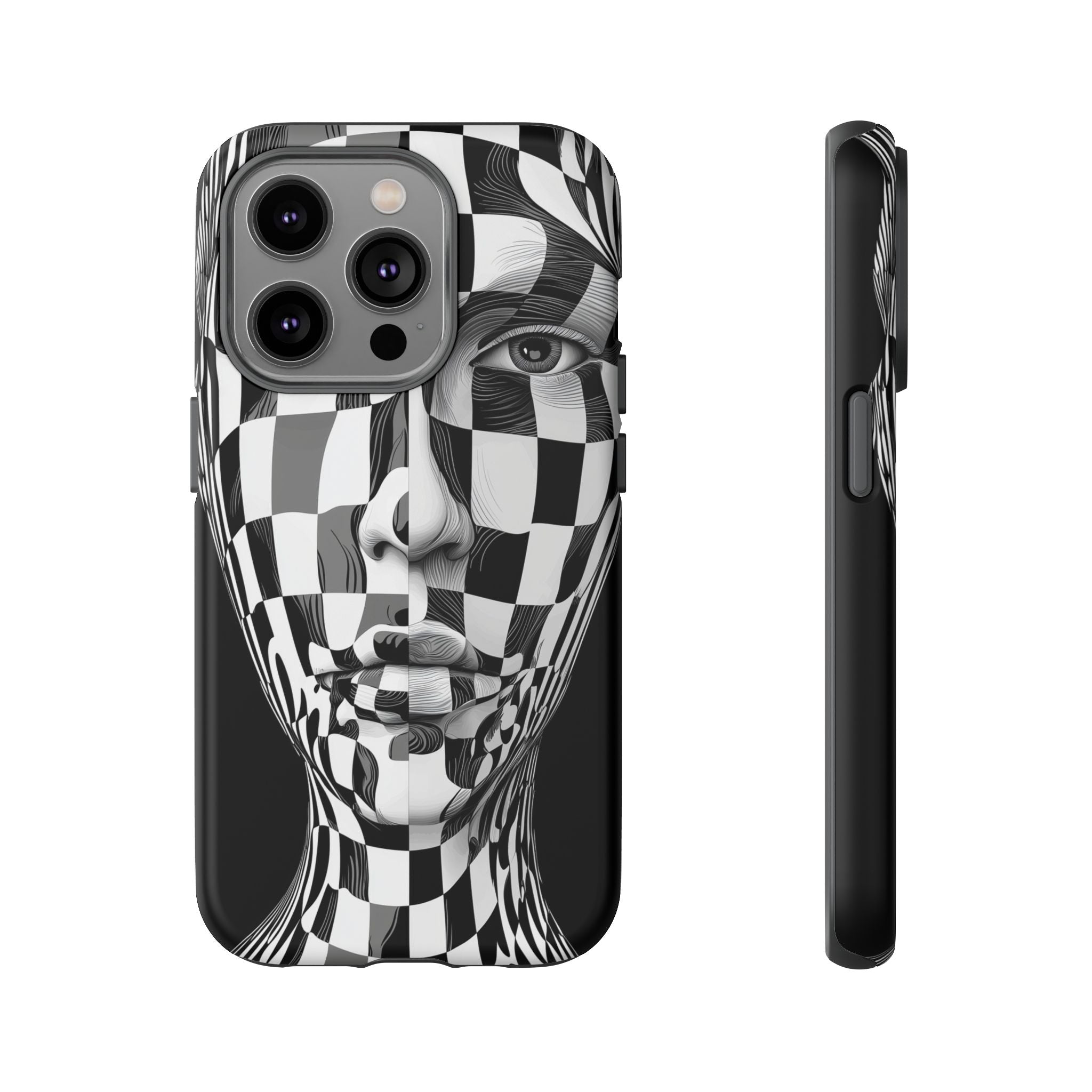 Checkerboard Face Tough iPhone Case — Black & White Surreal Art Protective Cover