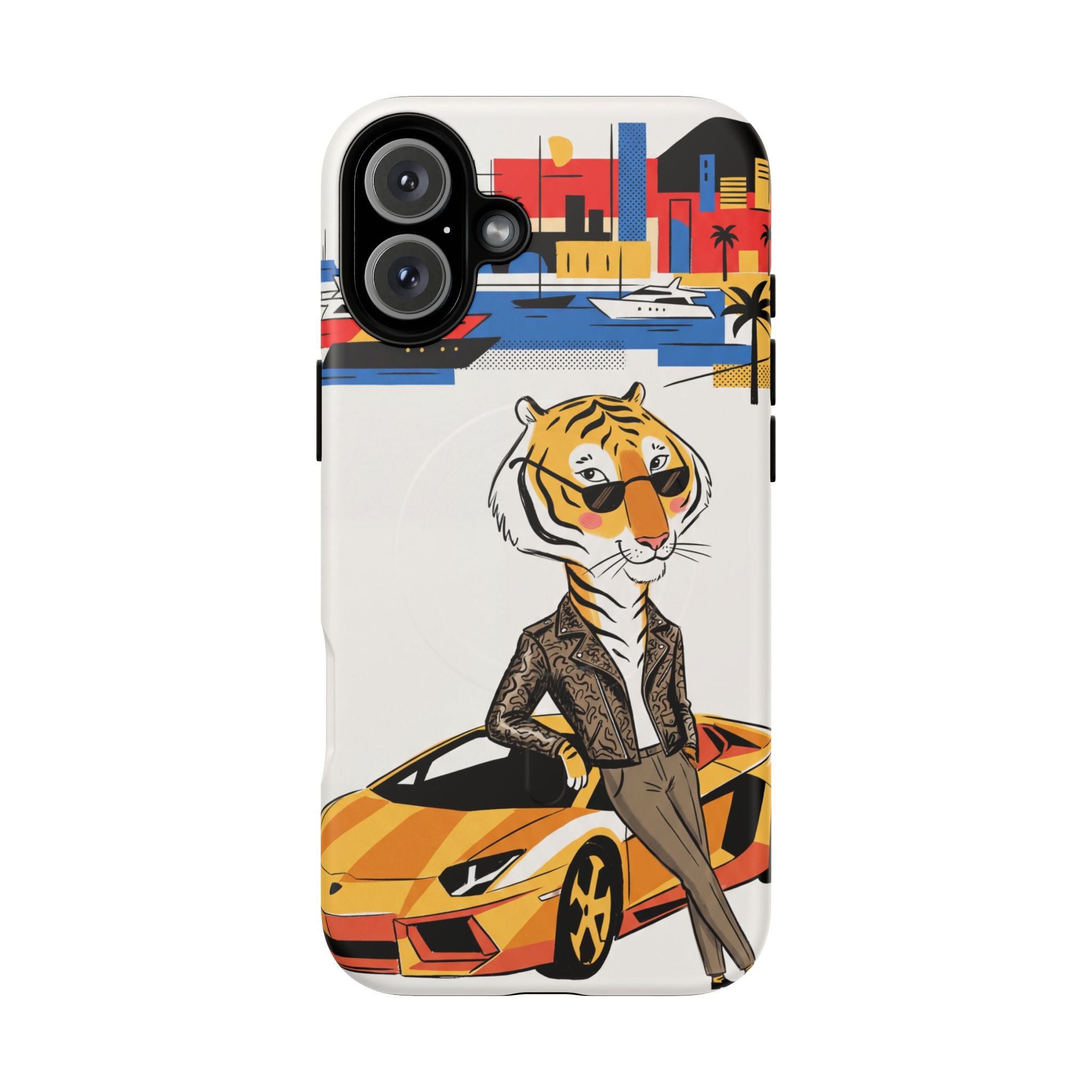 Stylish Tiger with Sports Car Illustration MagSafe iPhone Case