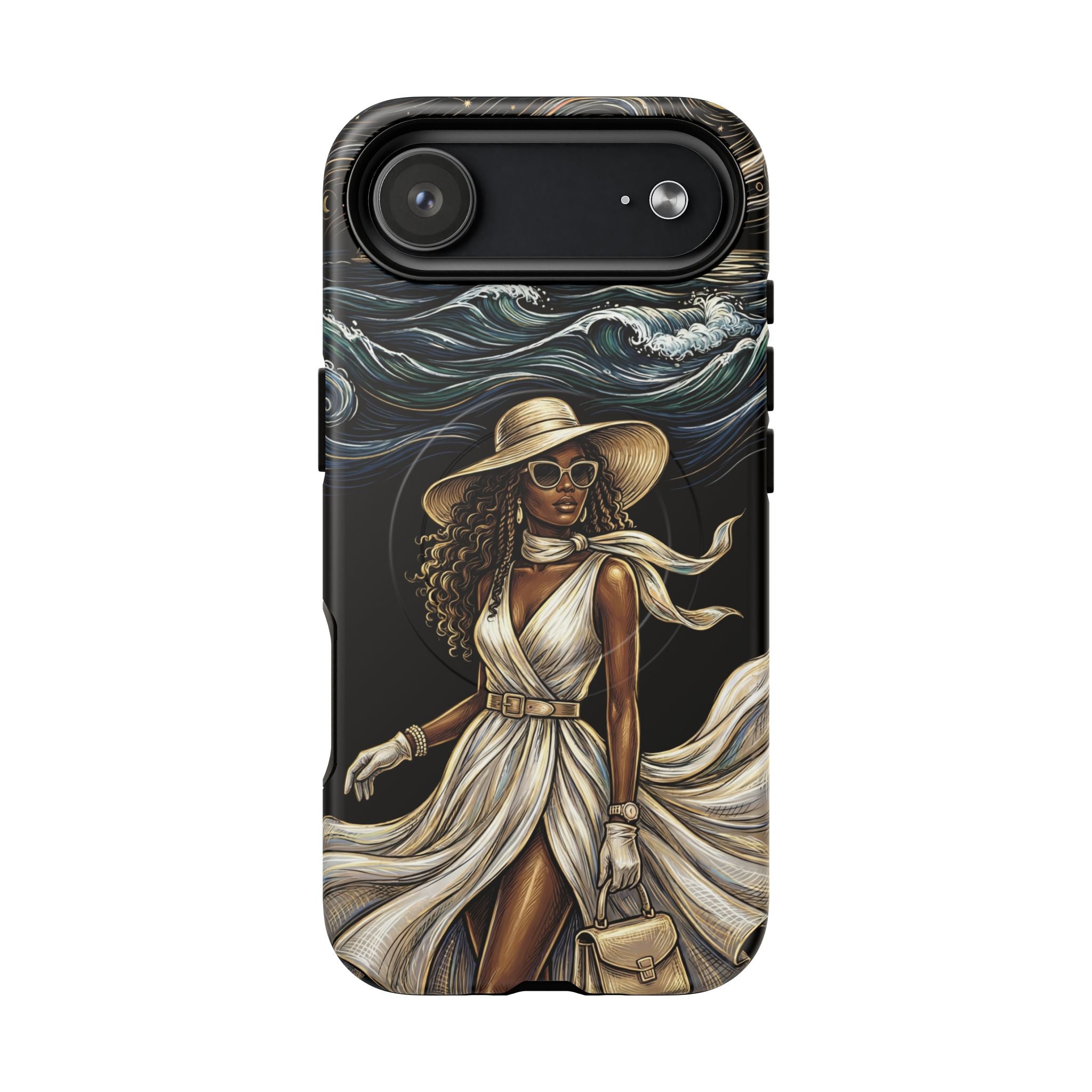 MagSafe iPhone Case | Elegant Black Woman in Flowing Dress by the Sea