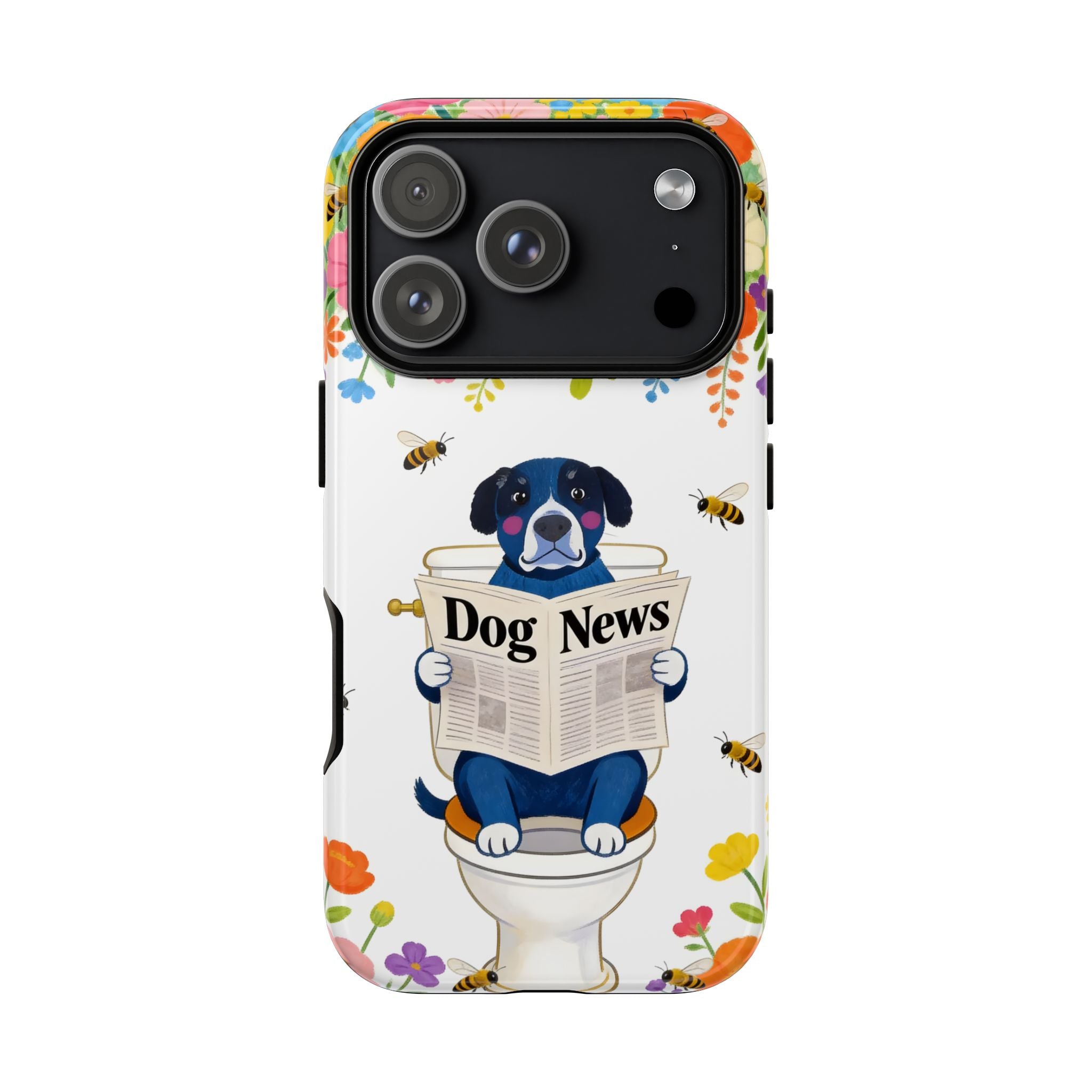 Dog News Floral iPhone Case | Cute Dog on Toilet Pattern, Spring Floral iPhone Cover