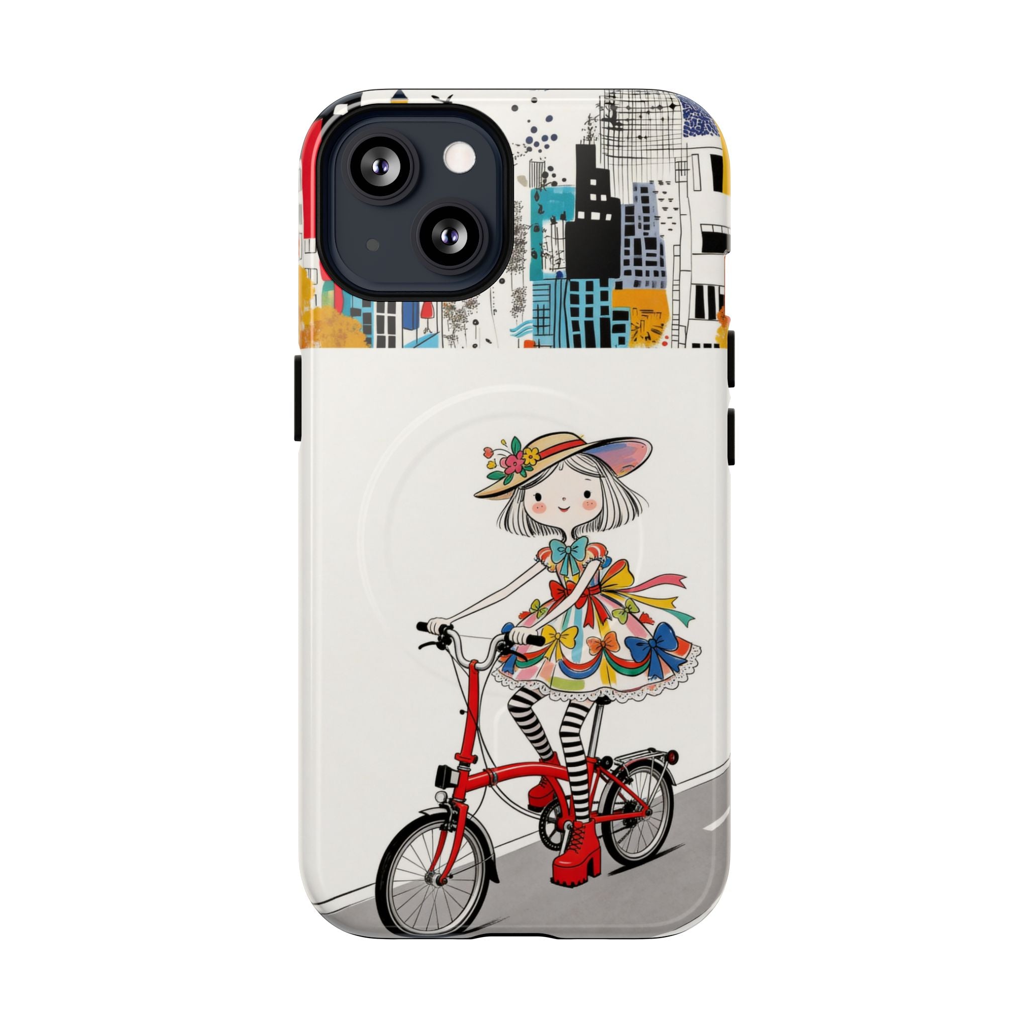 Whimsical Girl on Brompton Bicycle Urban Illustration MagSafe iPhone Case