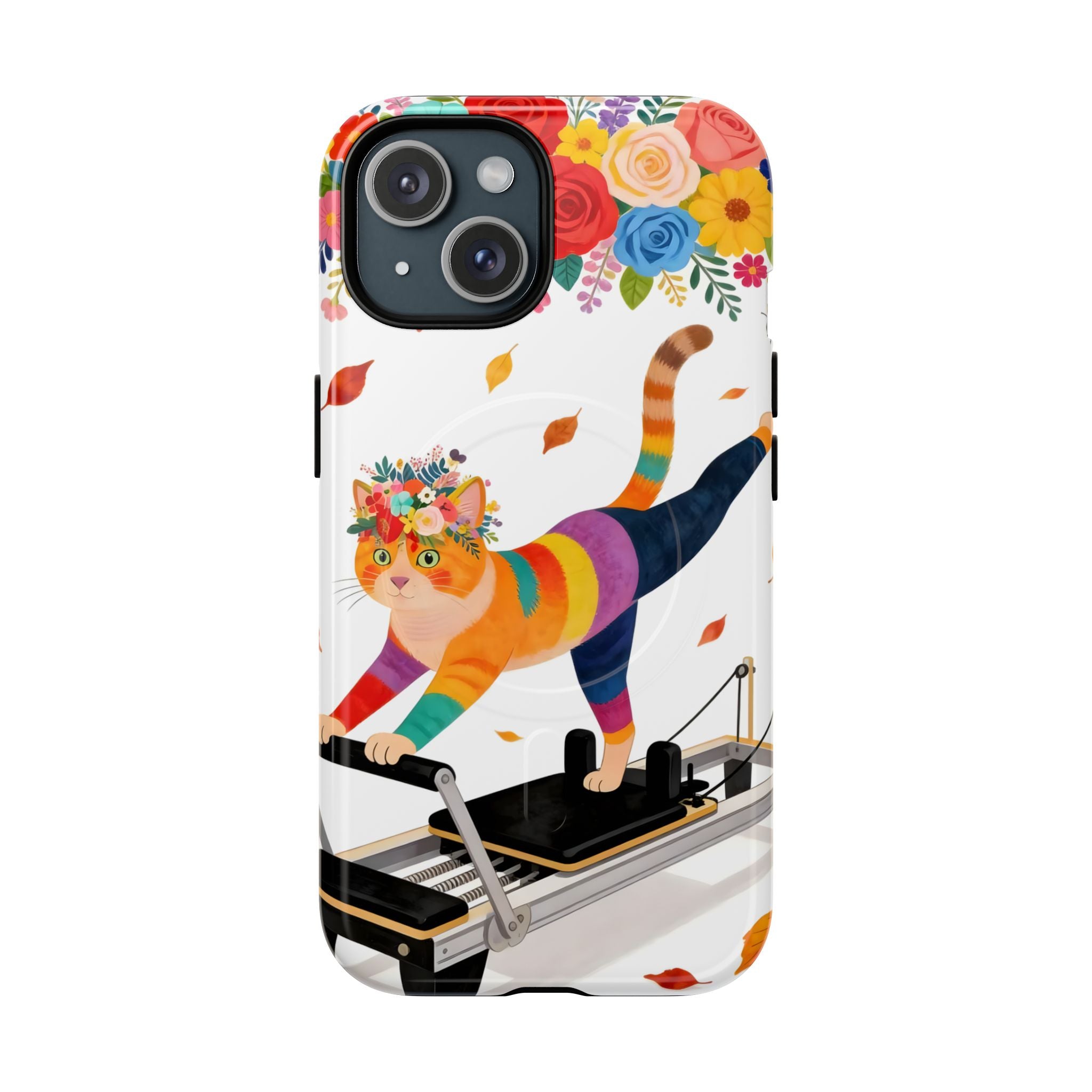 Cat Pilates MagSafe iPhone Case | Floral Rainbow Cat on Reformer