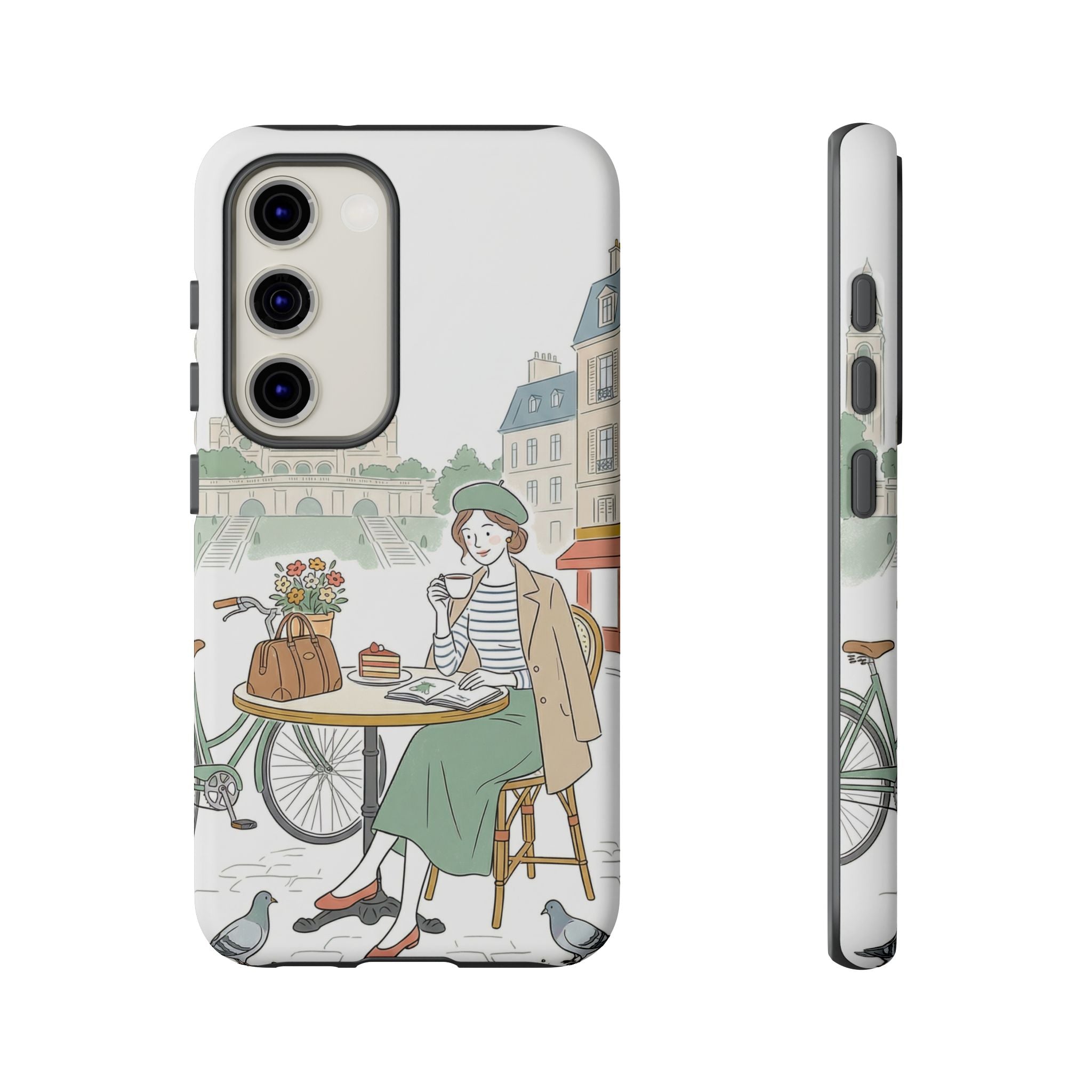 Paris Cafe Illustration Samsung Galaxy Phone Case | Vintage Bicycles & Pigeons Protective Cover