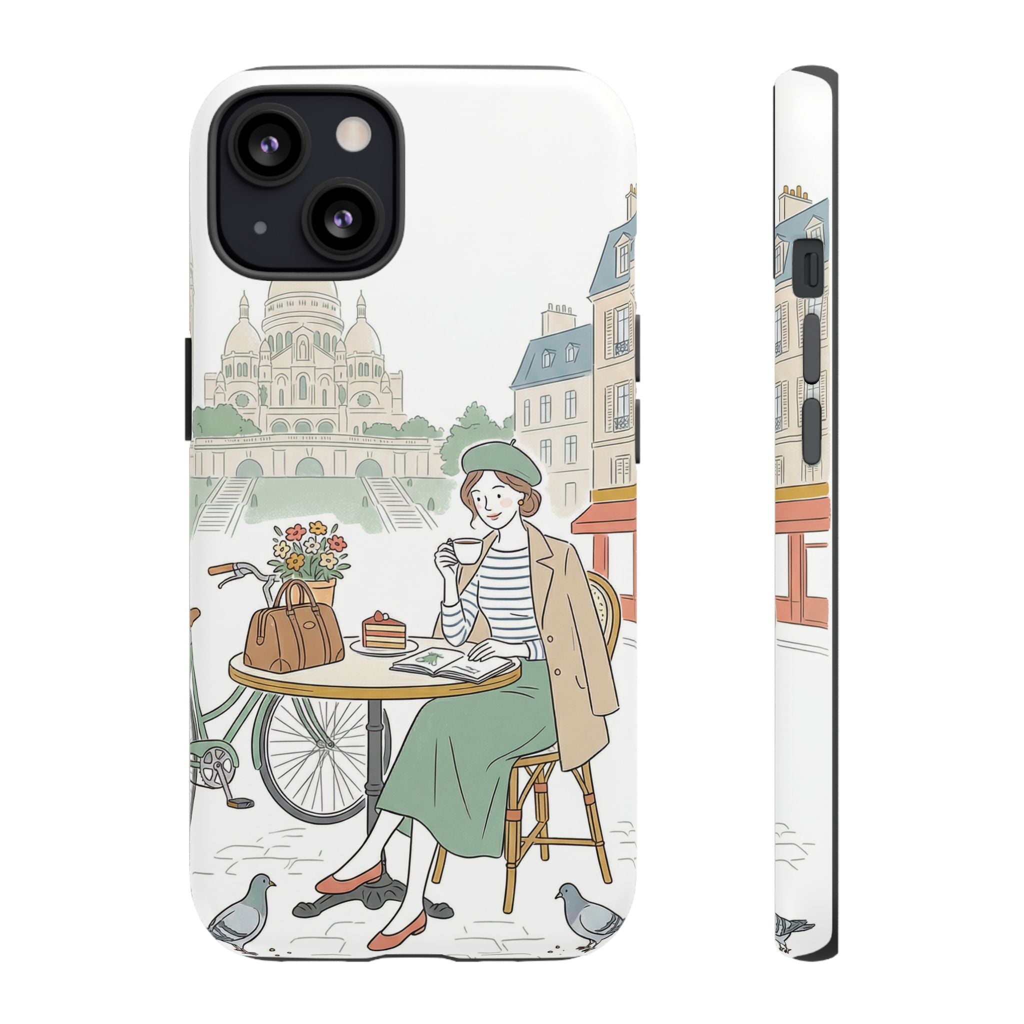 Paris Cafe Illustration iPhone Case | Vintage Bicycles & Pigeons Protective Cover