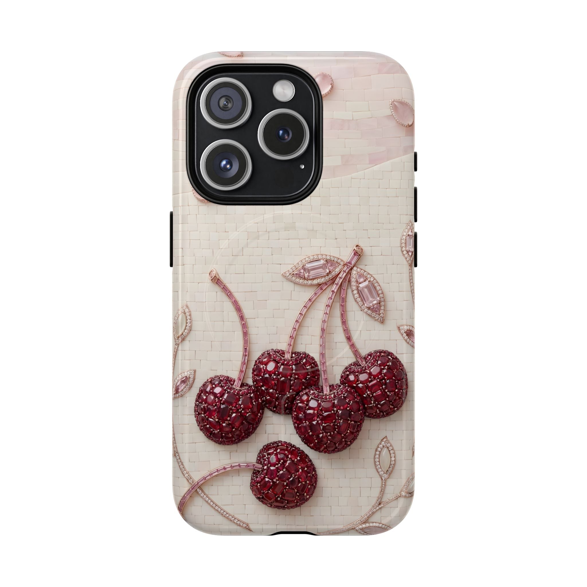 Cherry Embroidery MagSafe iPhone Case | Glitter Red Cherries Pattern
