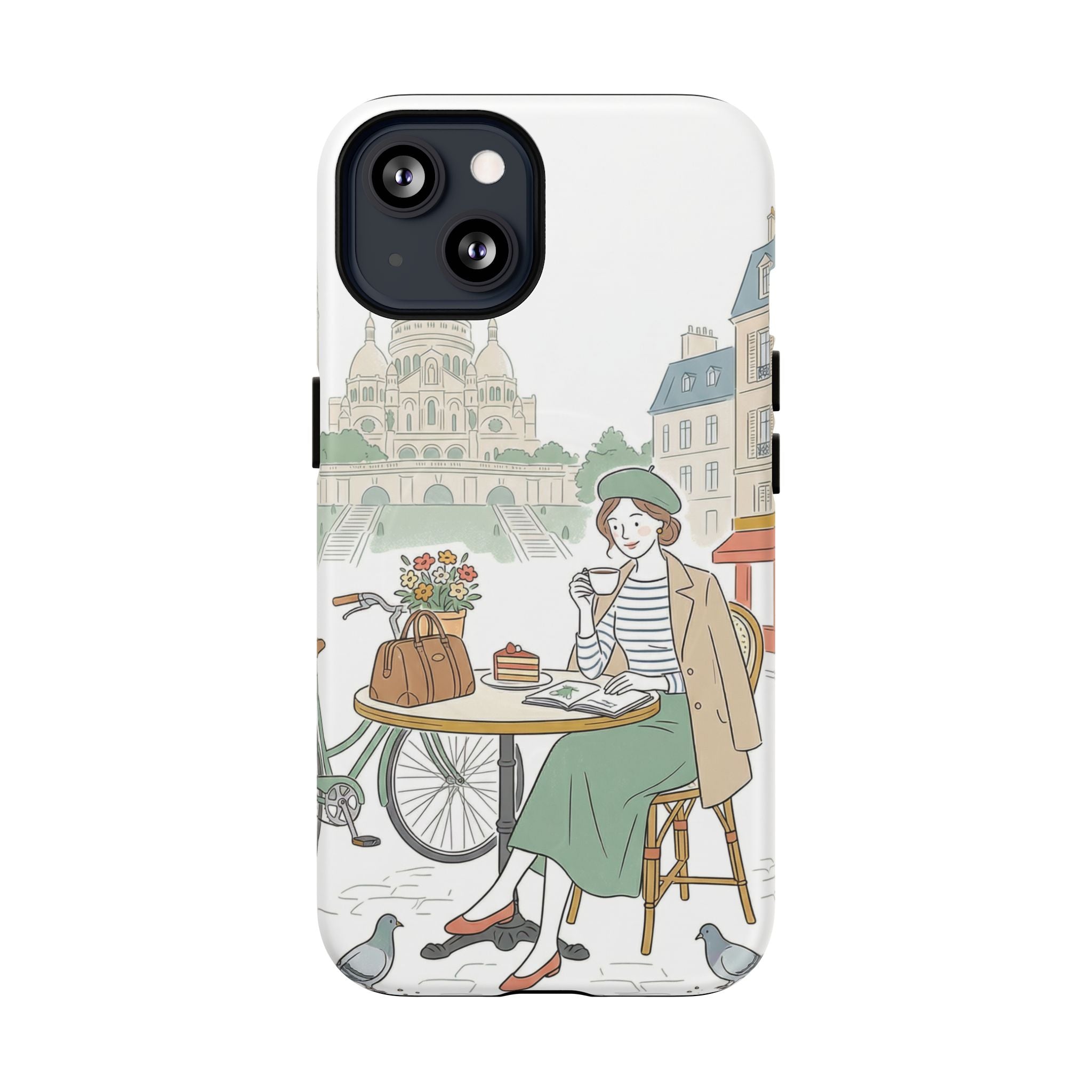 Paris Cafe Illustration MagSafe iPhone Case | Vintage Bicycles & Pigeons Protective Cover