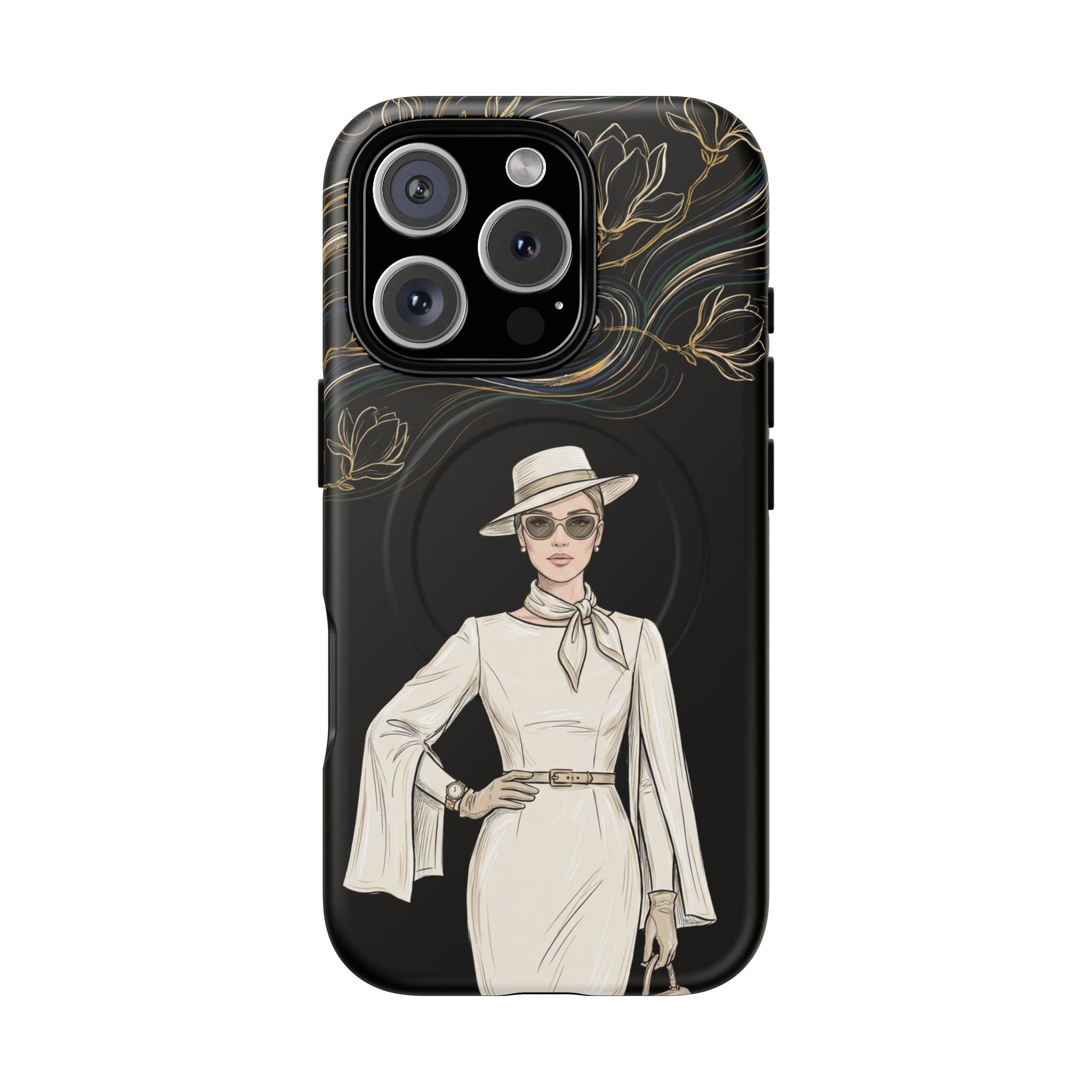 MagSafe iPhone Case | Elegant Vintage Lady with Gold Floral Swirls