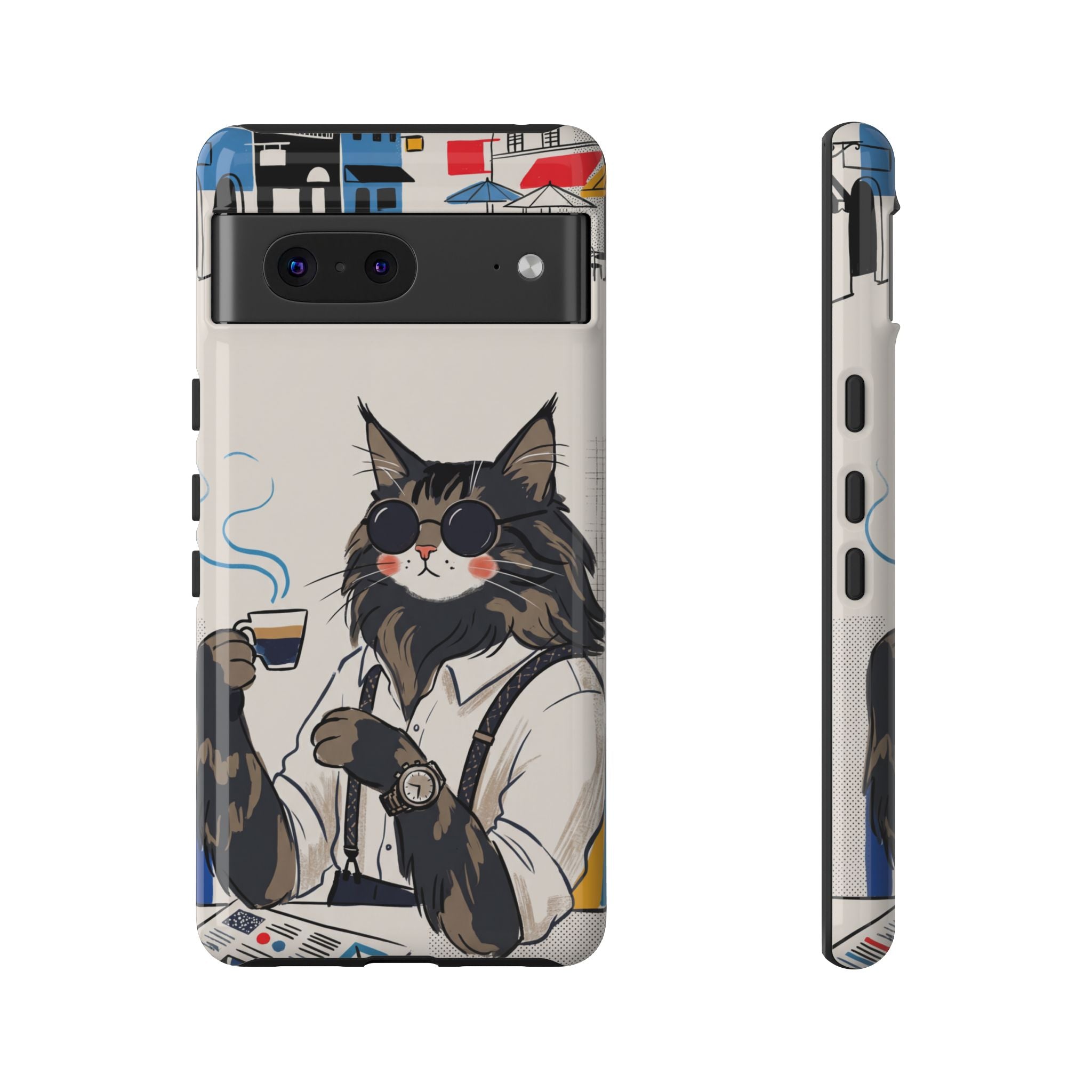 Cat Barista Google Pixel Phone Case | Cool Cat in Sunglasses Coffee Shop Design