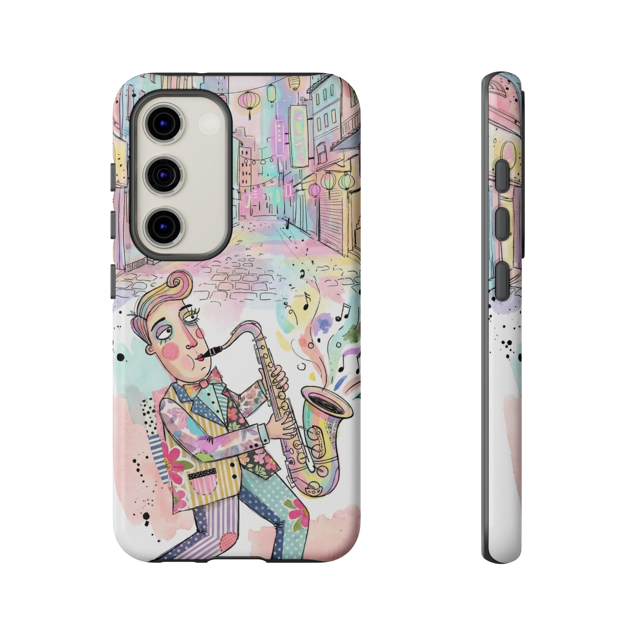 Sax Player Art Samsung Galaxy Phone Case | Pastel Jazz Street Illustration