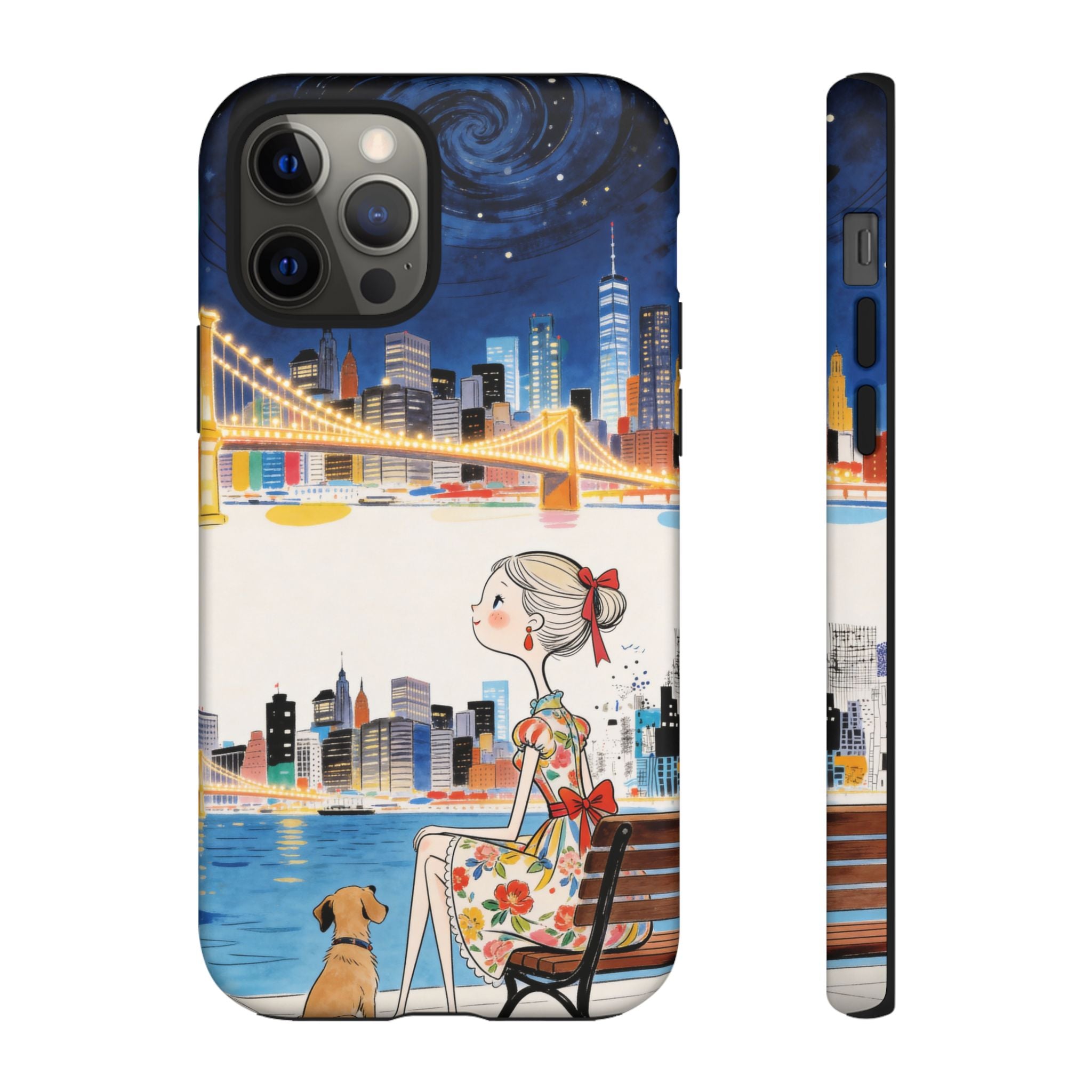 City Night iPhone Case | Cute Girl & Dog Bench Illustration
