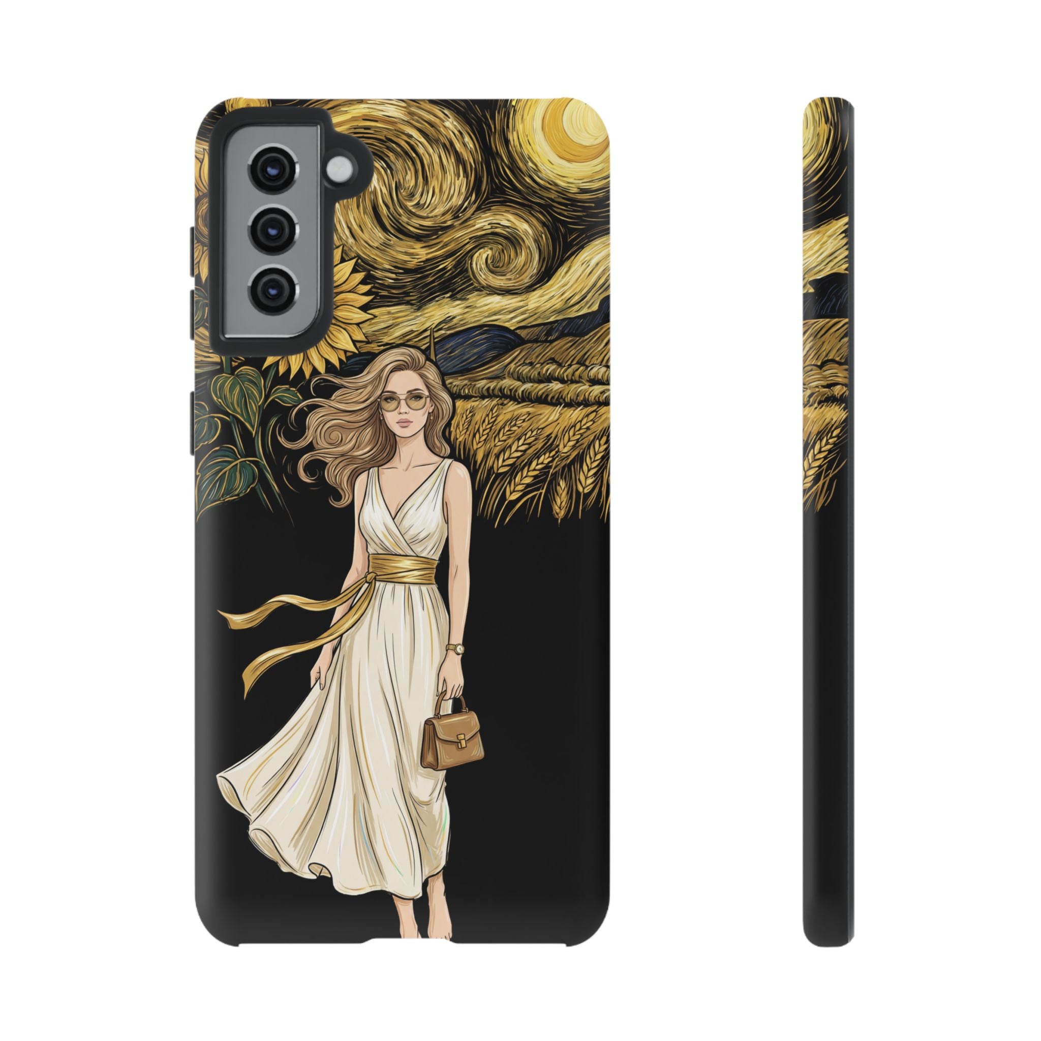 Sunflower Night Samsung Galaxy Phone Case | Woman in Flowing Dress Van Gogh Style
