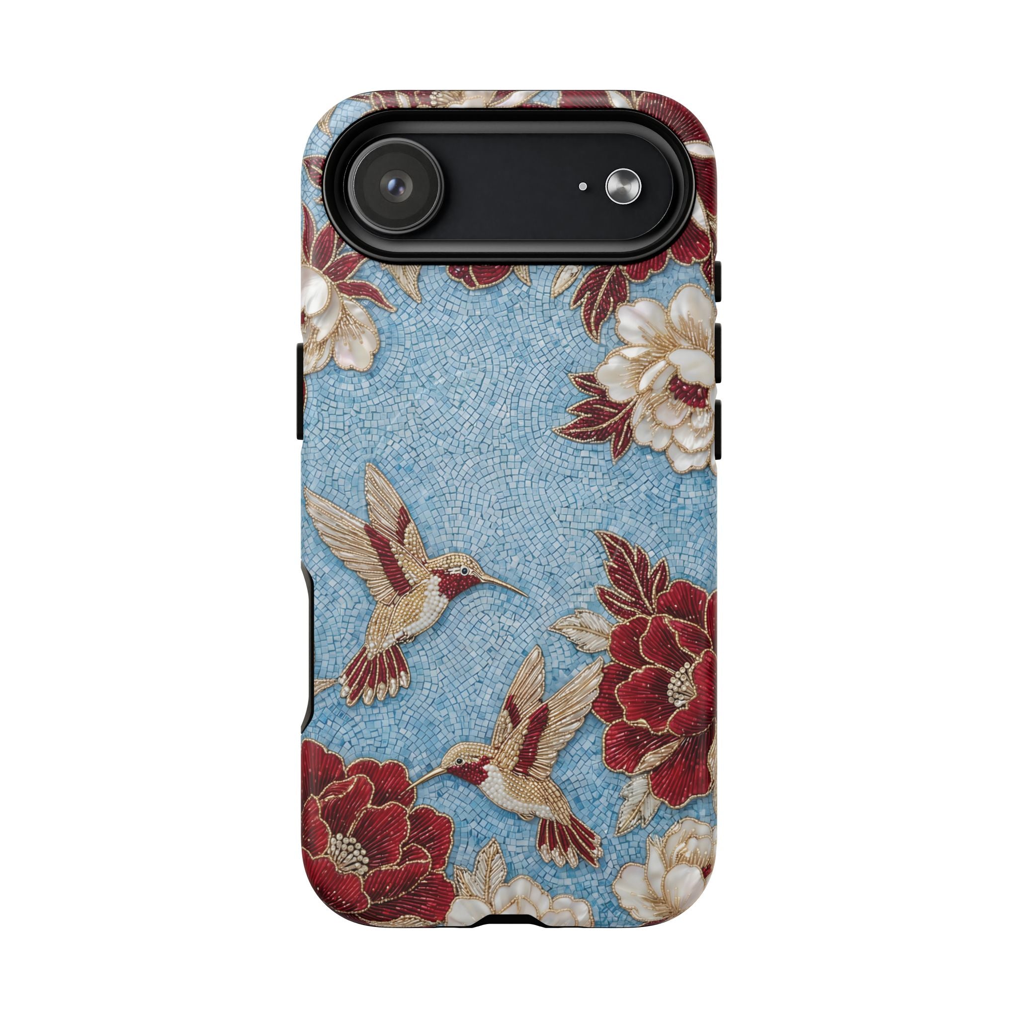 Floral Hummingbird Tough MagSafe iPhone Case | Vintage Blue & Burgundy Botanical Design