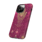 Mystic Hamsa iPhone Case | Gold Palm & All-Seeing Eye on Magenta Galaxy