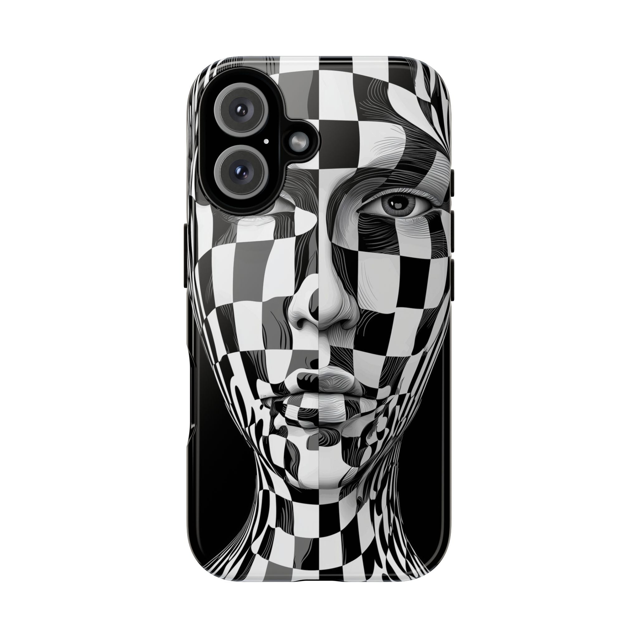 Checkerboard Face Tough iPhone Case — Black & White Surreal Art Protective Cover