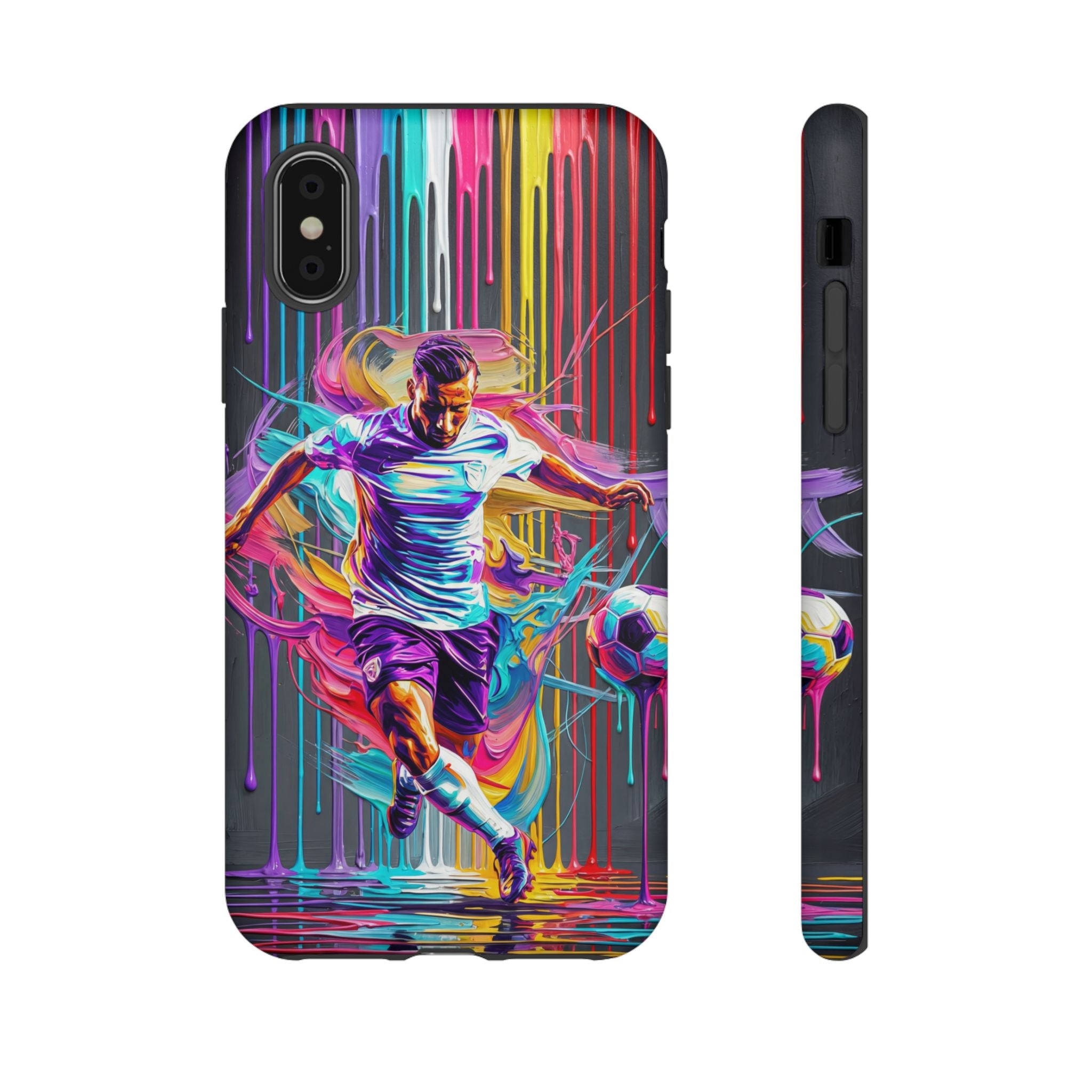 Soccer Player Neon Art iPhone Case | Vibrant Football Kick Protective Cover