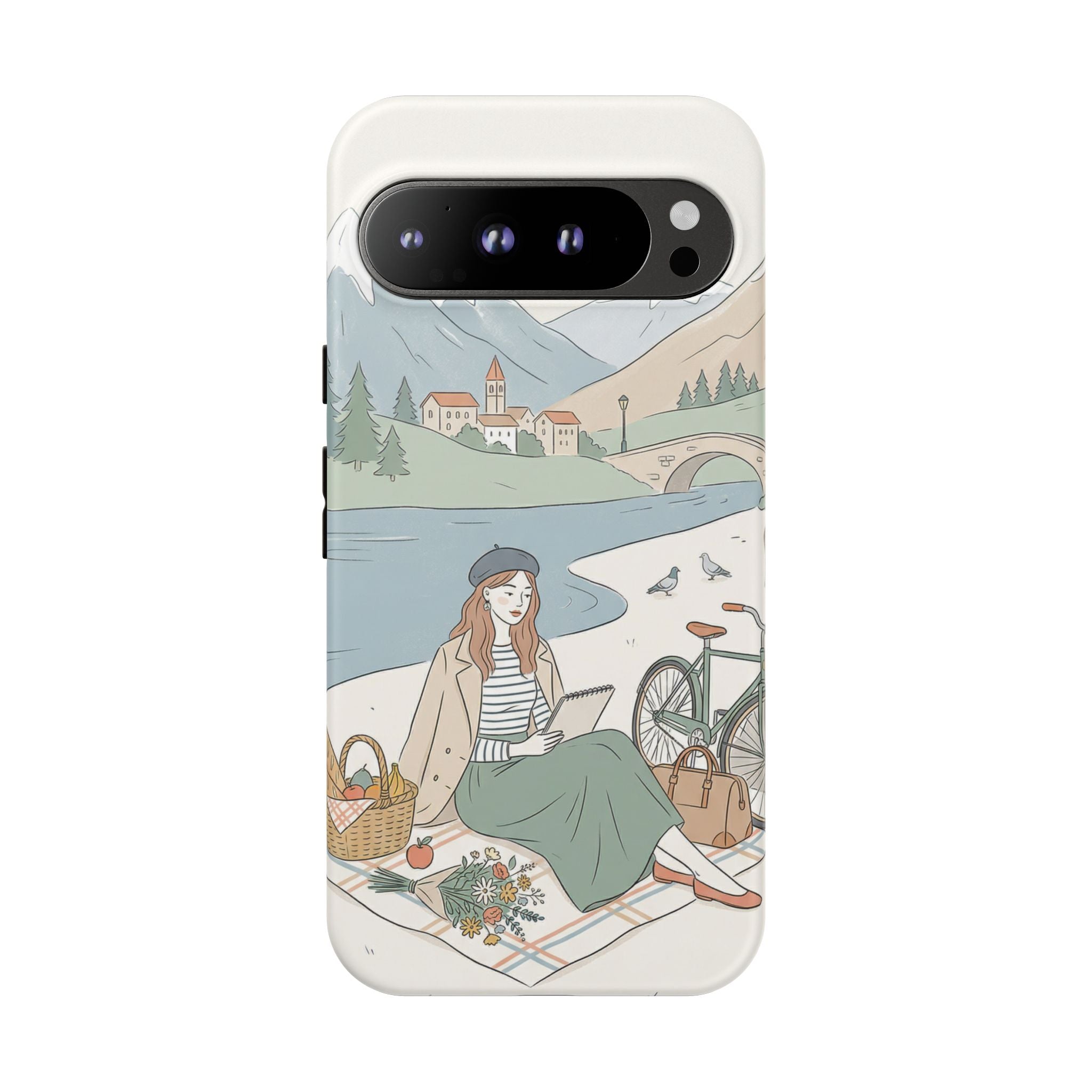 Scenic Picnic Google Pixel Phone Case | Vintage Bicycle & Mountain Illustration