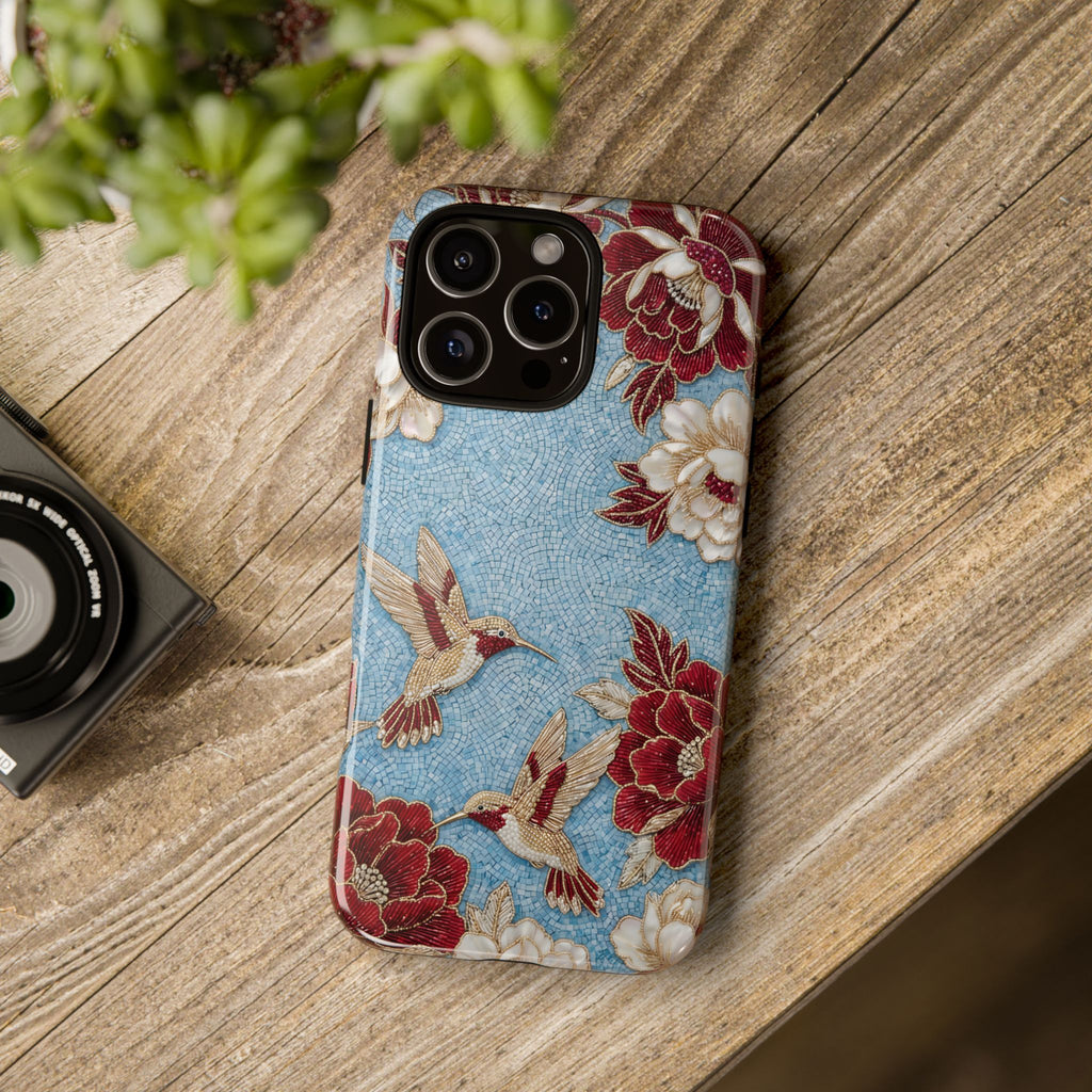 Custodia resistente per iPhone Colibrì floreale | Design botanico vintage blu e bordeaux